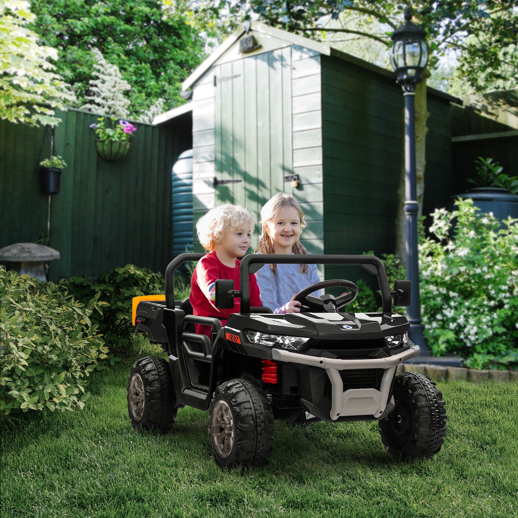 12V Ride on Car with Electric Bucket, Two-Seater, Shovel, Remote Control, Spring Suspension, Horn, Music, Black Electric Toy Cars   at Gallery Canada