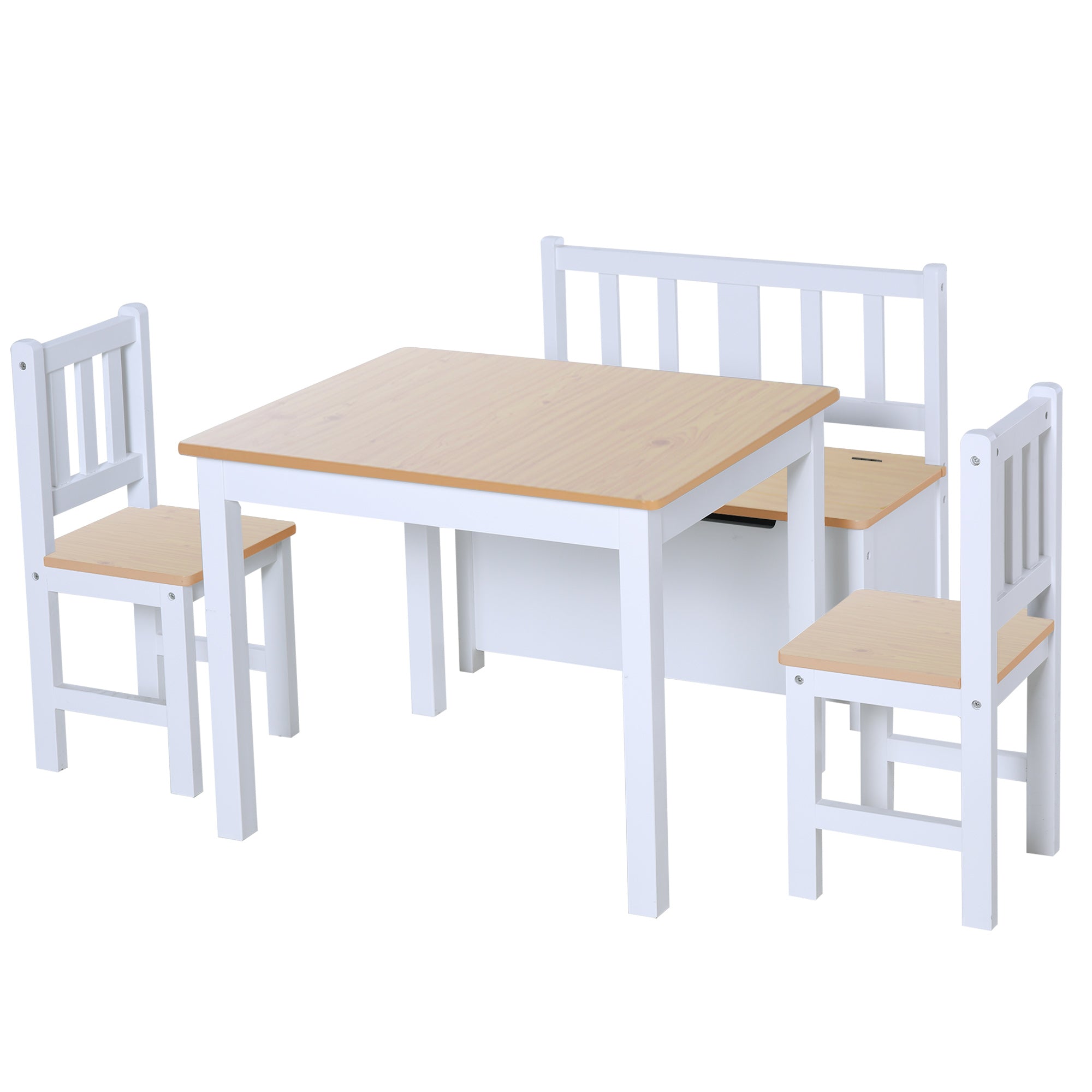 4-Piece Set Kids Wood Table Chair Bench with Storage Function Easy to Clean Gift for Girls Boys Toddlers Age 3 Years up Natural and White Kids Table Sets Natural and White  at Gallery Canada