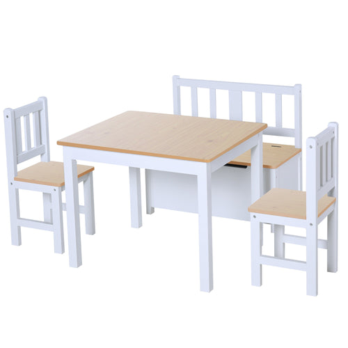 4-Piece Set Kids Wood Table Chair Bench with Storage Function Easy to Clean Gift for Girls Boys Toddlers Age 3 Years up Natural and White