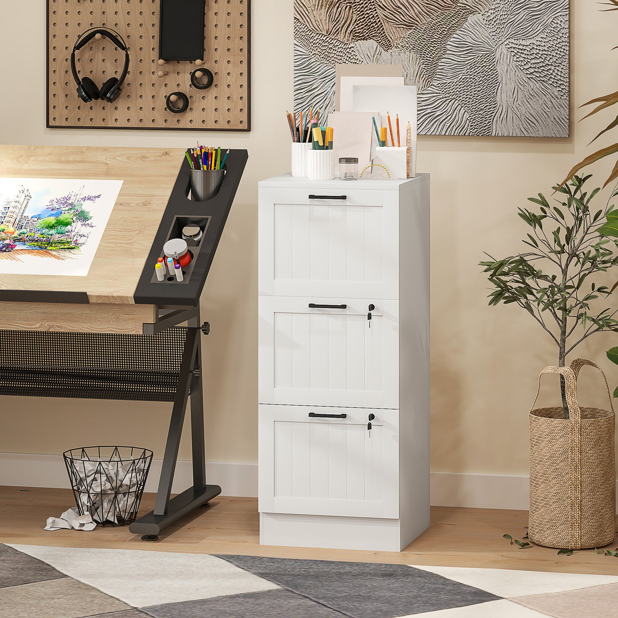 3 Drawer Filing Cabinet with Lock, Office Storage Cabinet with Adjustable Hanging Bars for A4 Letter Size Files, White Office Cabinets & Cupboards at Gallery Canada