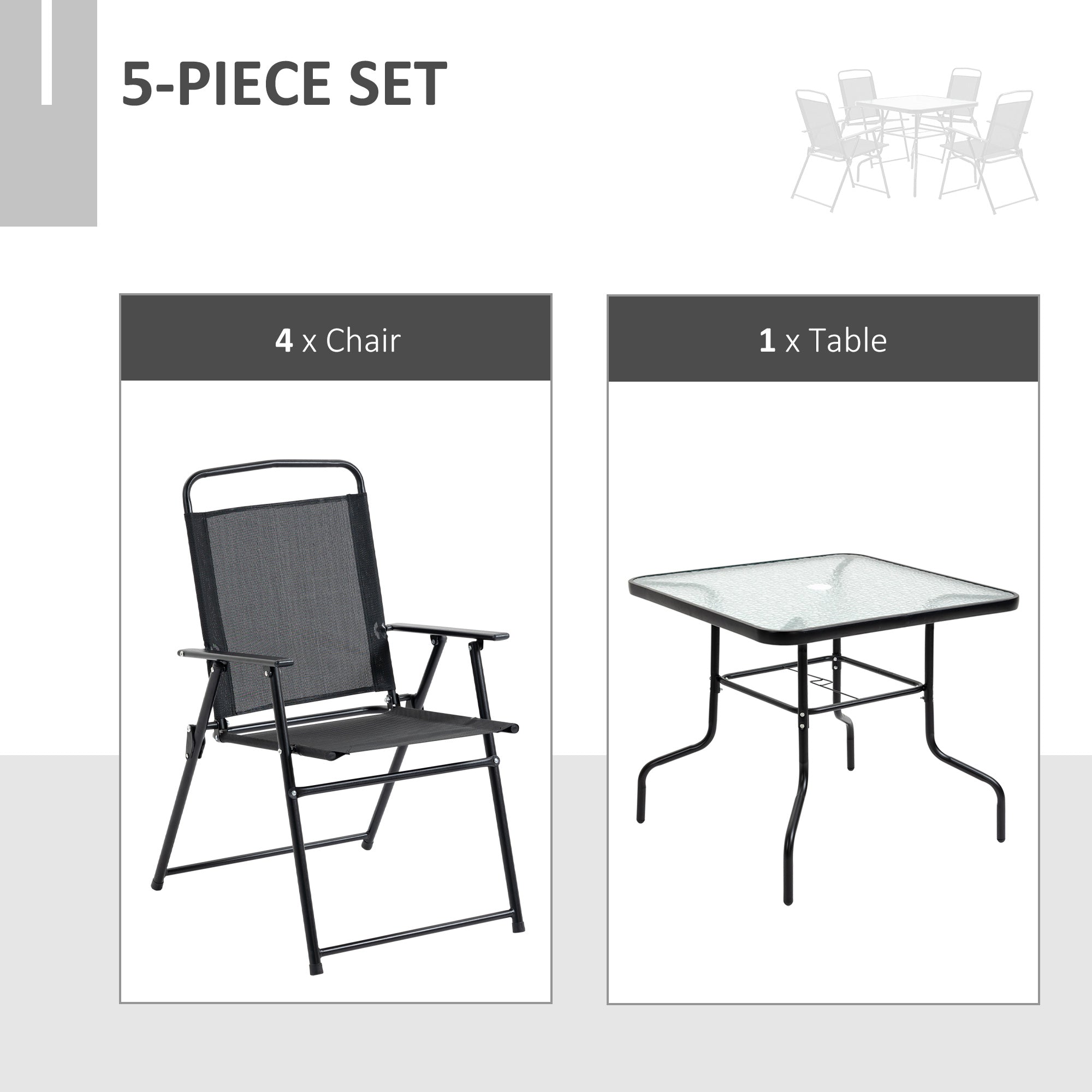 5 Pieces Patio Table and Chairs, Outdoor Dining Set with 4 Folding Chairs, Glass Tabletop and Parasol Hole, Black Outdoor Dining Sets at Gallery Canada