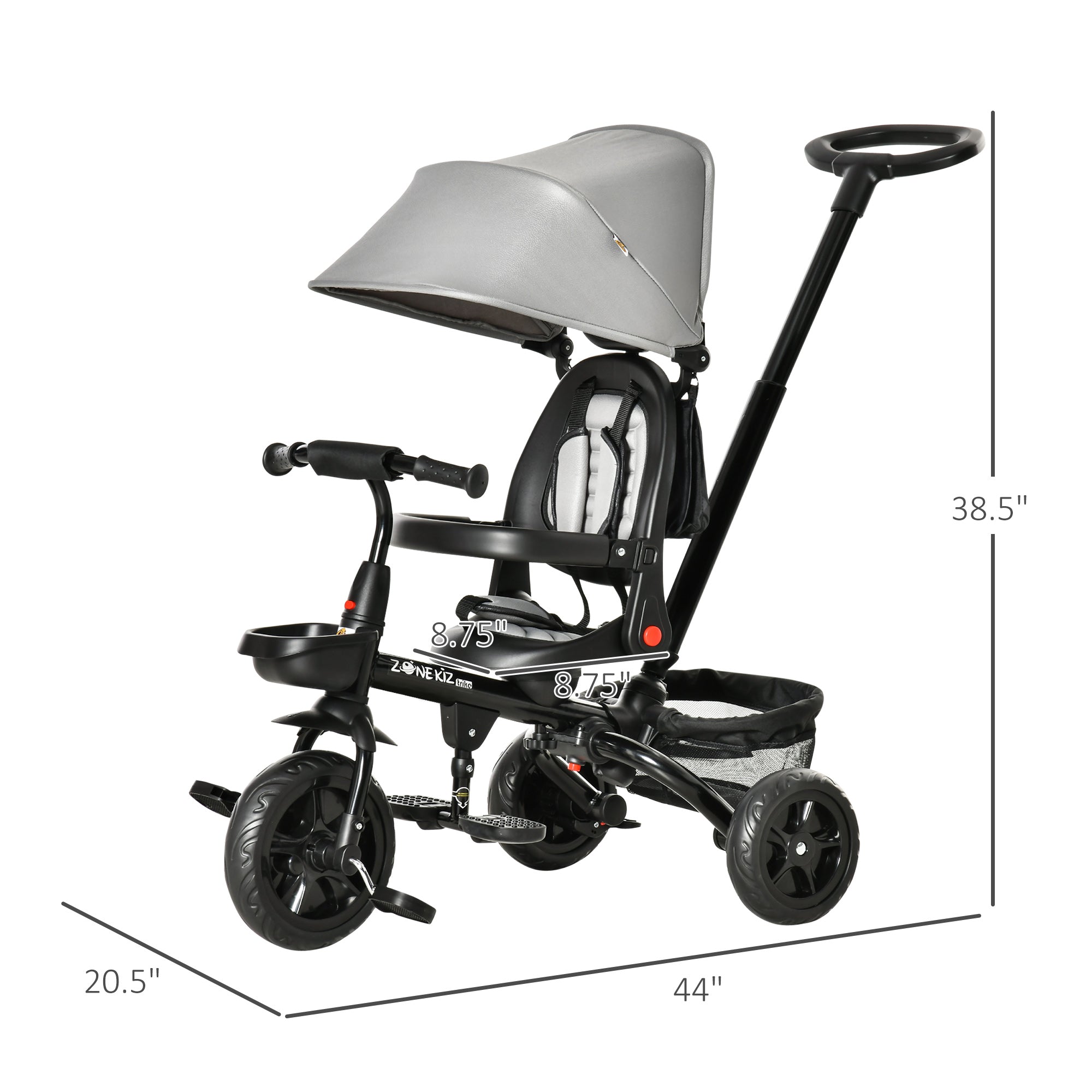 Baby Tricycle 4 In 1 Trike w/ Reversible Angle Adjustable Seat Removable Handle Canopy Handrail Belt Storage Footrest Brake Clutch for 1-5 Years Old Grey Tricycles for Kids at Gallery Canada
