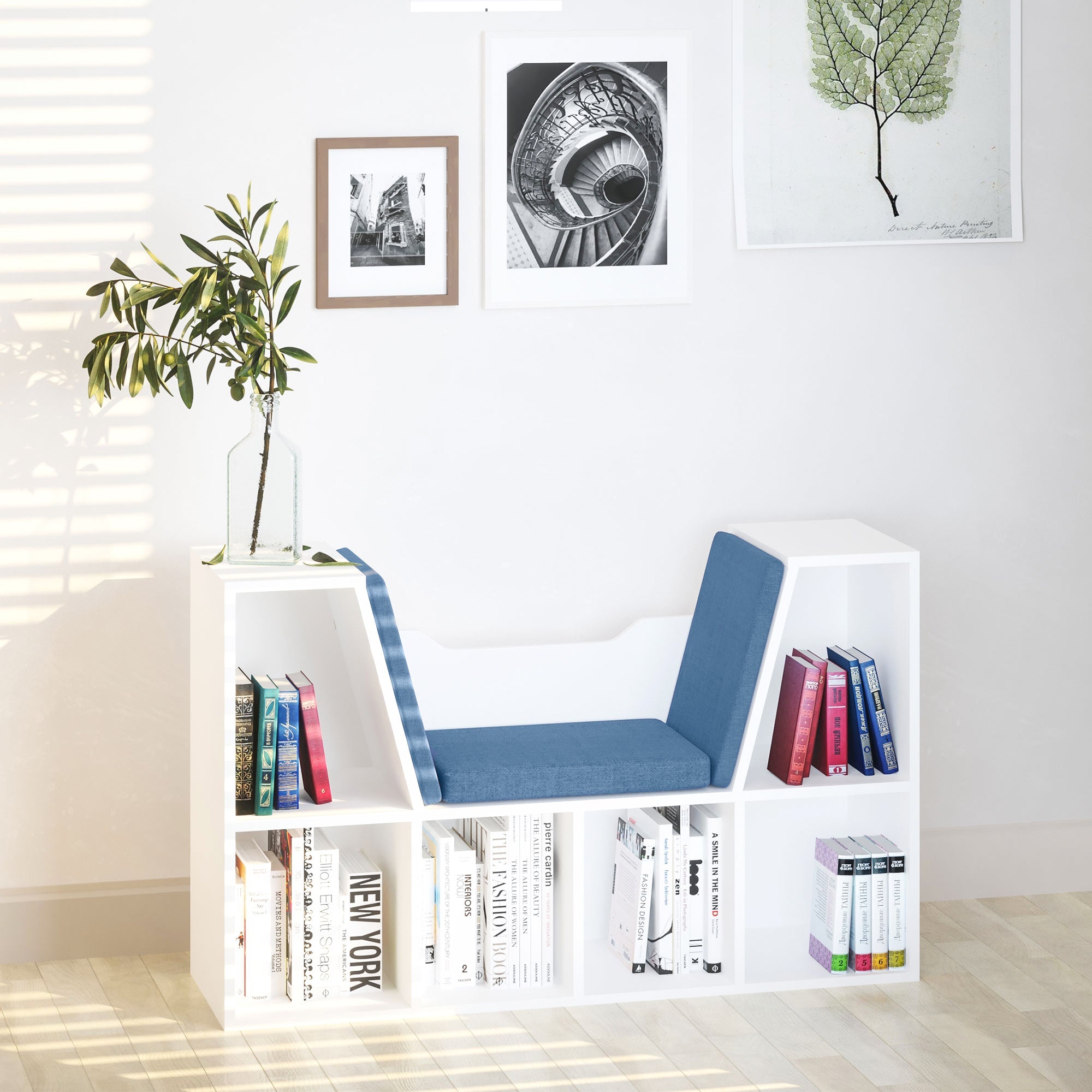 6-Cubby Kids Bookcase with Seat Cushion, Corner Bookcase with Reading Nook for Playroom, Home Office, Study, Blue White Bookshelves   at Gallery Canada