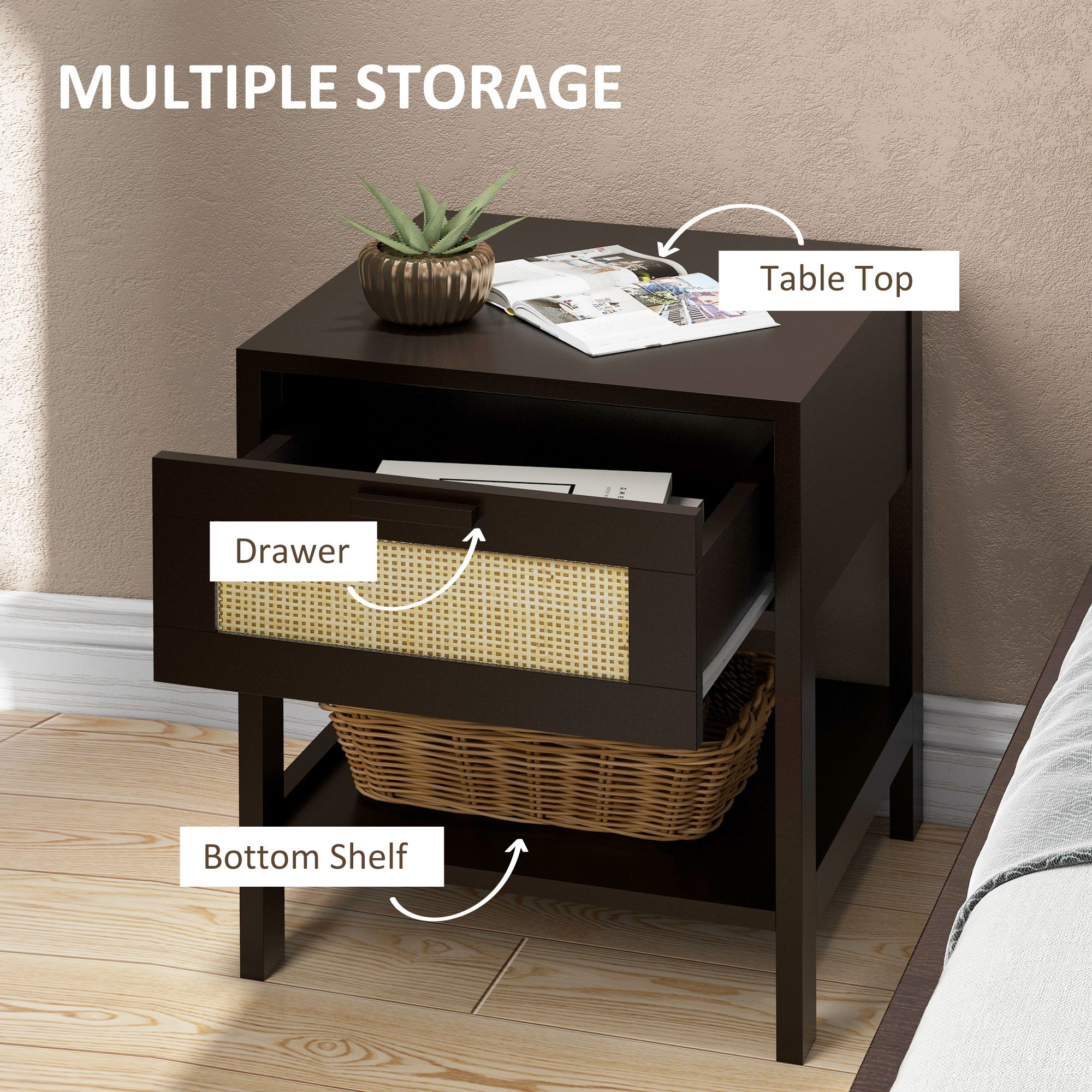 Modern Bedside Table, Accent Nightstand with Drawer and Open Shelf, Bed End Table for Bedroom, Living Room, Black Bedside Tables   at Gallery Canada