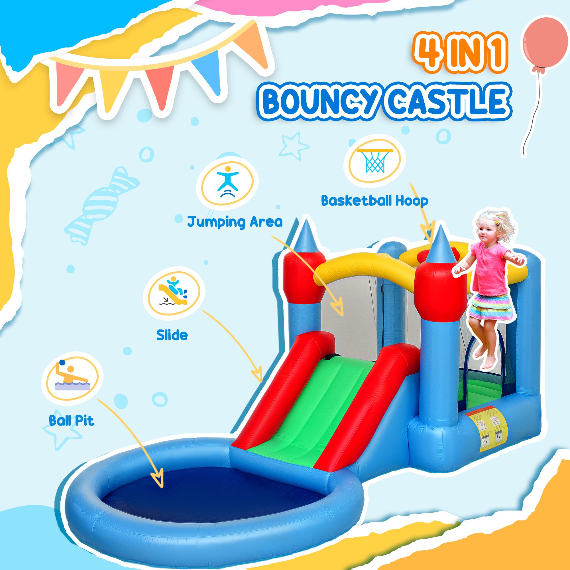 4 in 1 Inflatable Bounce House with Slide, Basketball Hoop, Ball Pit, Blower, Storage Bag, 163