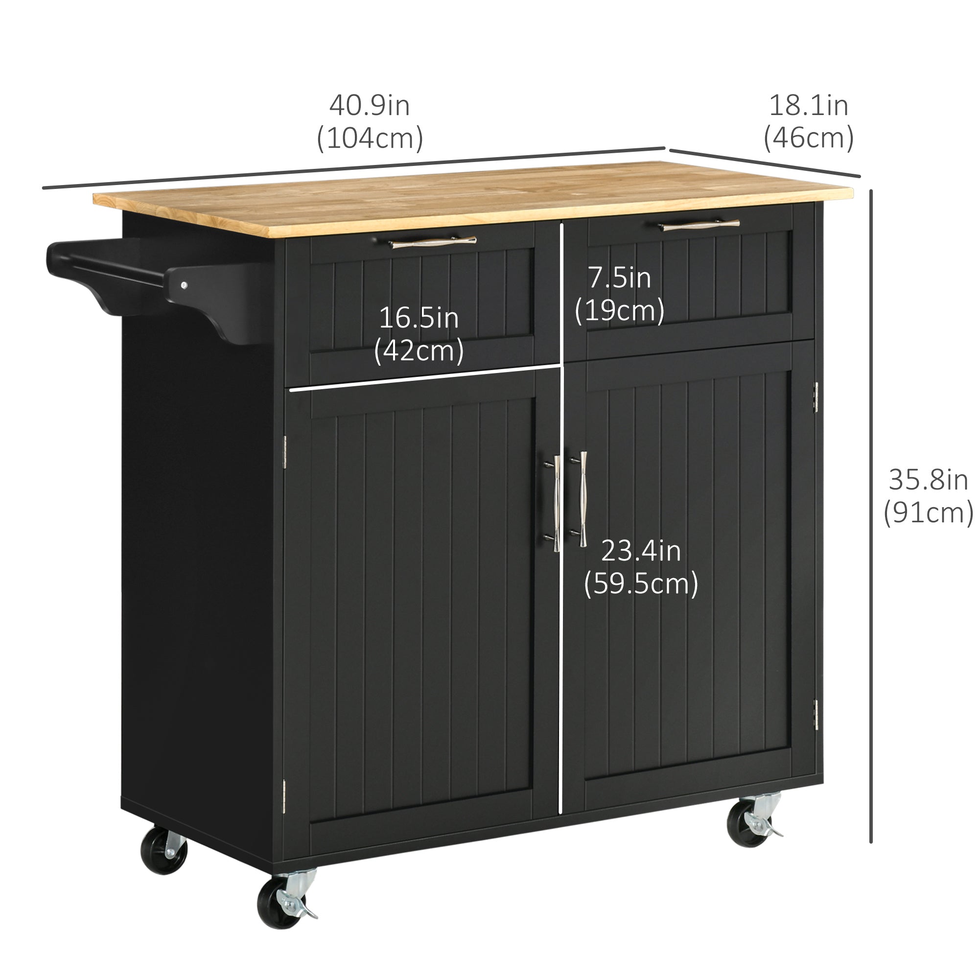 Rolling Kitchen Island with Storage Drawers, Modern Kitchen Cart with Rubber Wood Top, Cabinet &; Towel Rack, Black Kitchen Islands & Kitchen Carts   at Gallery Canada