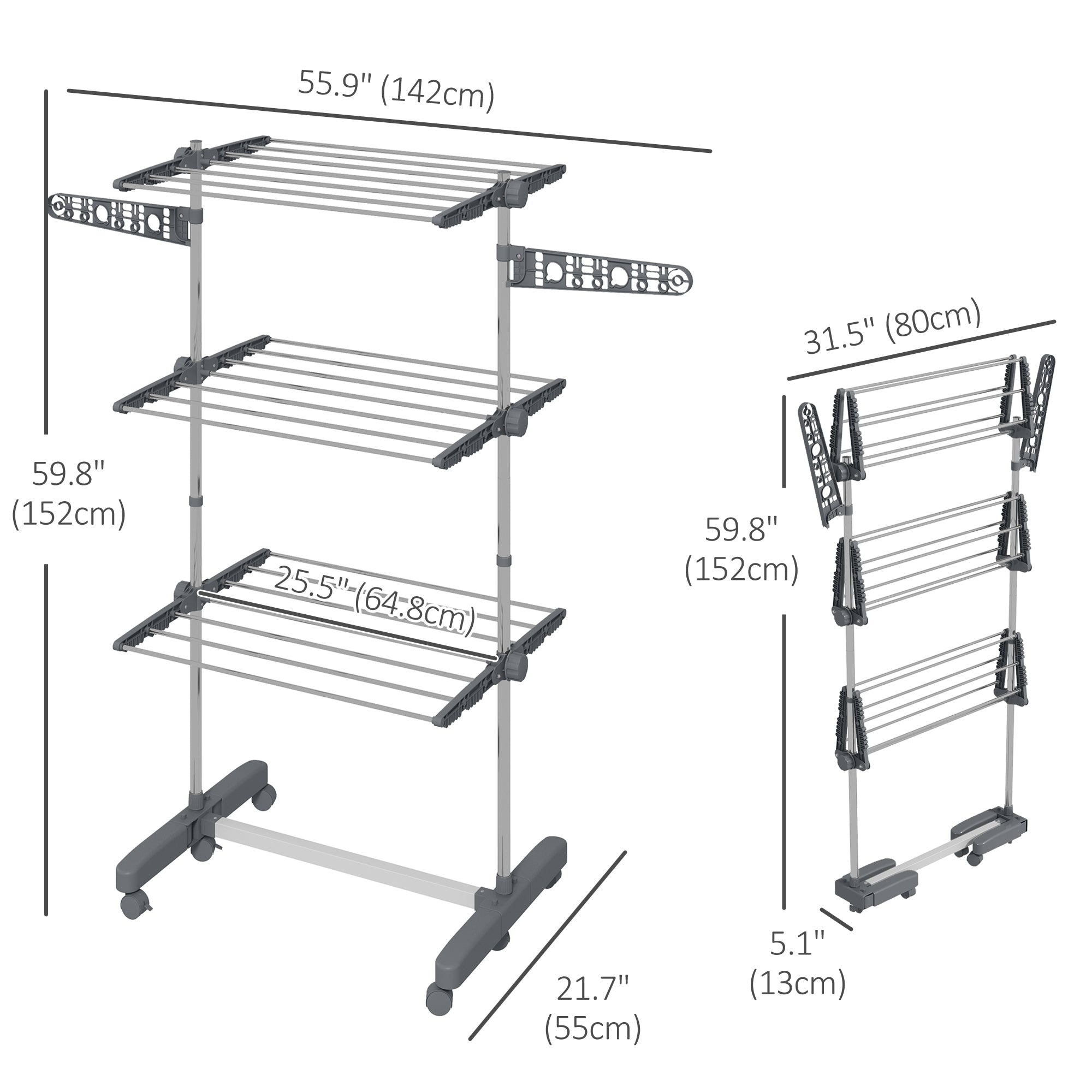 Stainless Steel 3-Tier Collapsible Clothes Drying Rack with Wheels, Grey Bath Accessories   at Gallery Canada