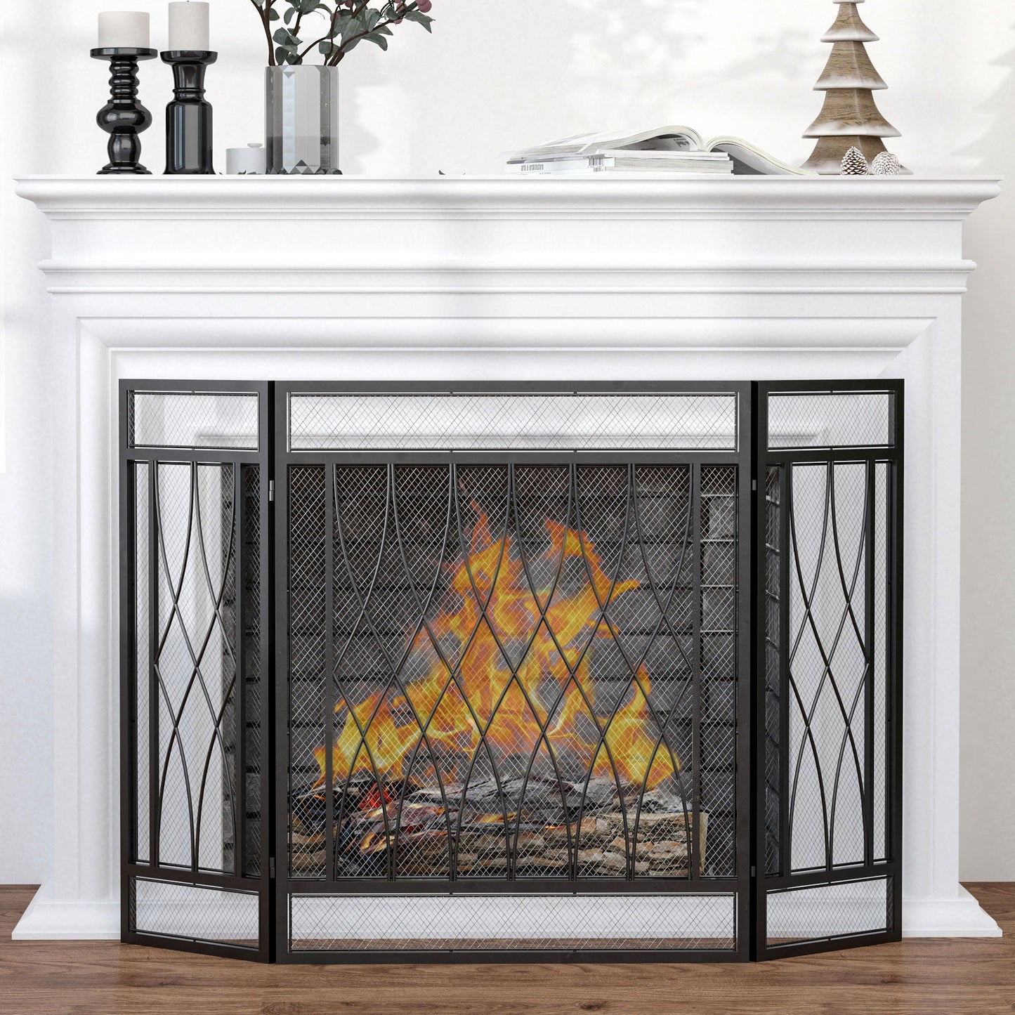 3-Panel Metal Mesh Fireplace Screen, Decorative Fire Spark Guard Cover, 49.5" x 31.5"for Living Room Home Decor, Black Fireplace Screens   at Gallery Canada