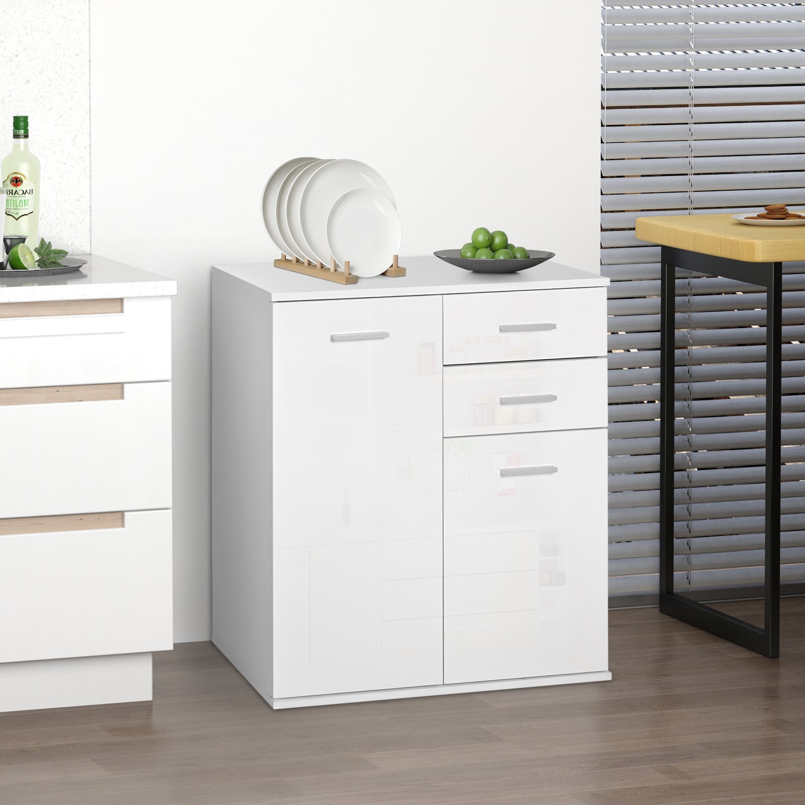 High Gloss Sideboard with 2 Drawers and 2 Doors, Buffet Cabinet with Adjustable Shelf, Coffee Bar Cabinet with Storage, White Storage Cabinets at Gallery Canada