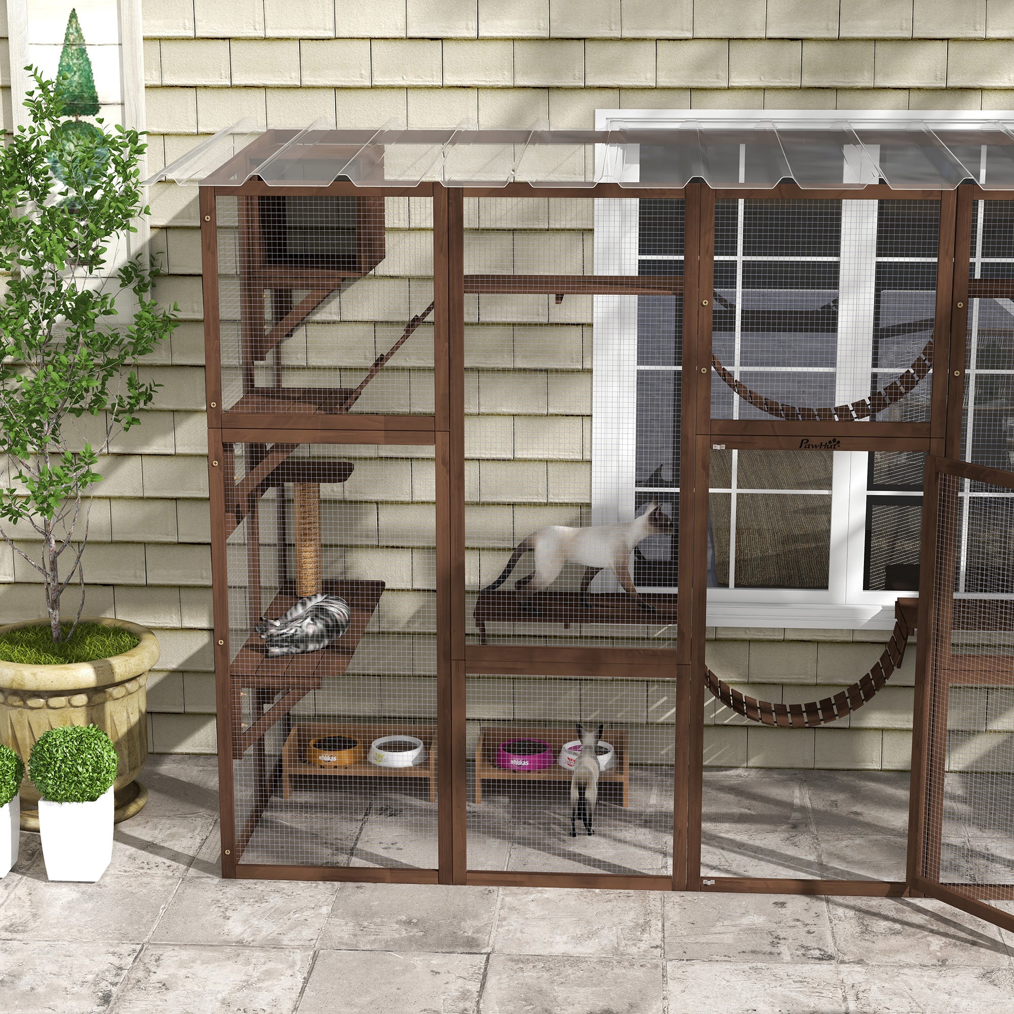 Large Outdoor Catio with Condos, Platforms, Doors, Ladders, Weather-Resistant Roof, Espresso Outdoor Cat Enclosures at Gallery Canada