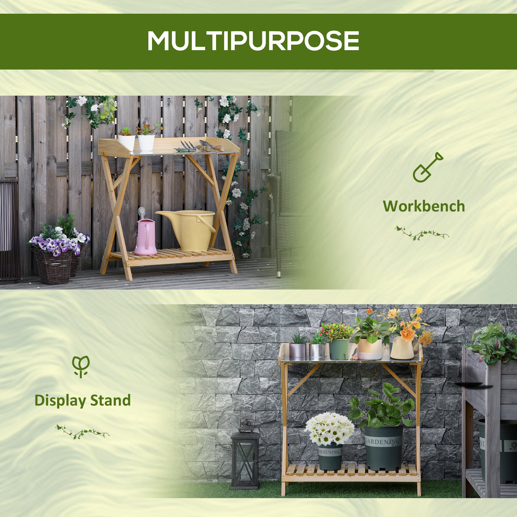 Garden Potting Bench Table, Wooden Work Station, Outdoor Planting Workbench w/ Galvanized Metal Tabletop and Storage Shelf Potting Benches & Tables at Gallery Canada