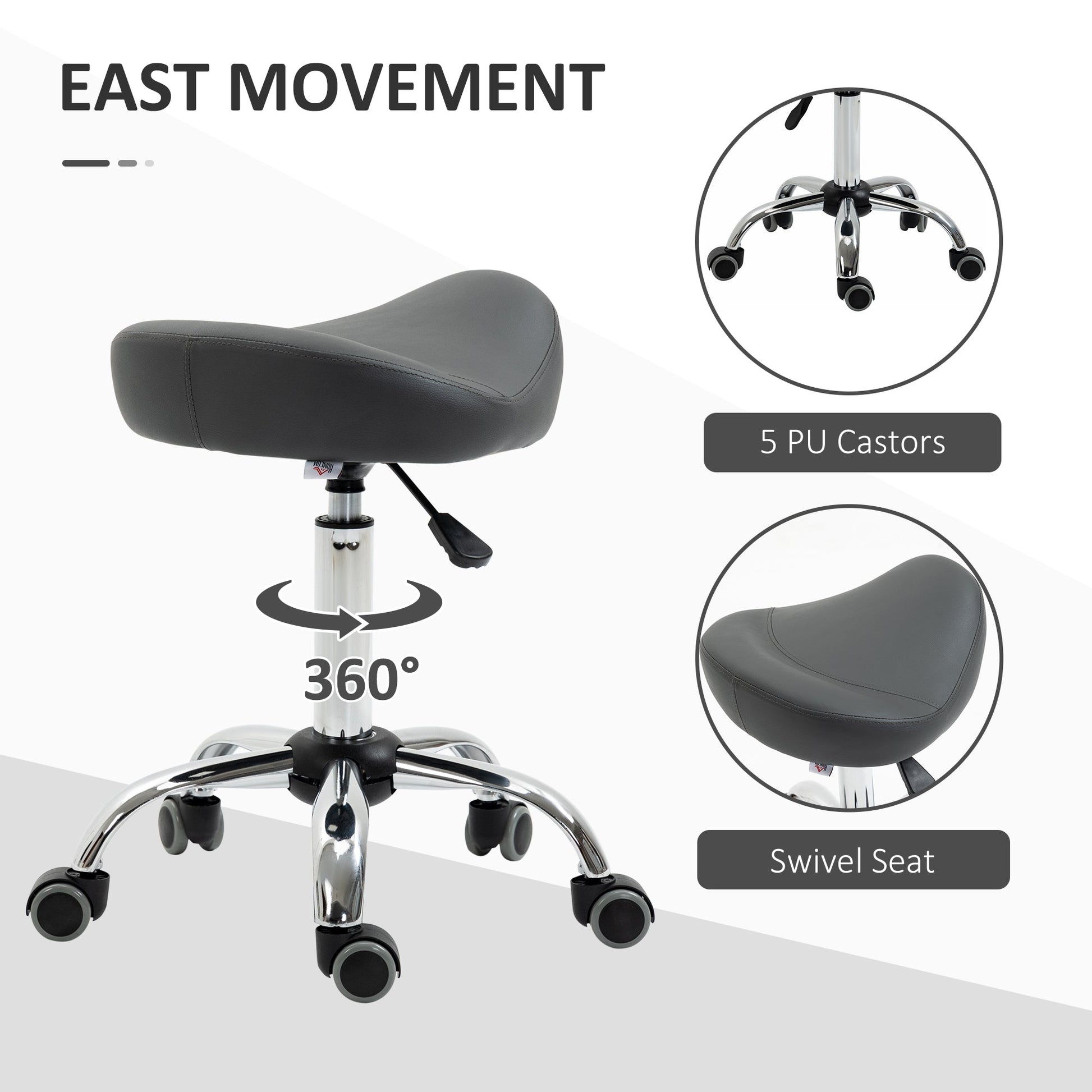 Saddle Stool, Height Adjustable Rolling Salon Chair with PU Leather for Massage, Spa, Clinic, Beauty and Tattoo, Grey Salon Stools   at Gallery Canada