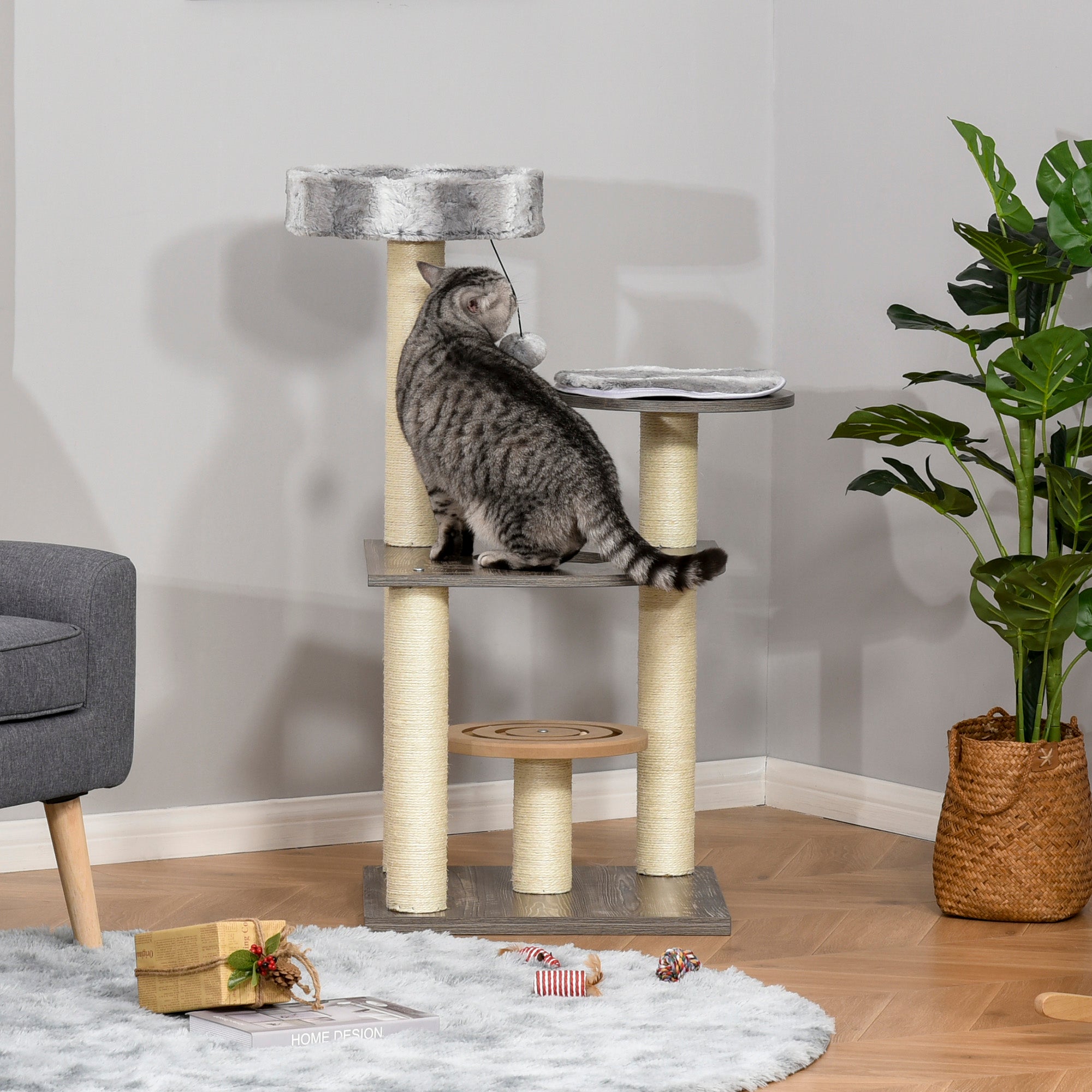 Cat tree Tower Climbing Kitten Activity Center Furniture with Sisal Scratching Post Round Toy Perch Hanging Balls 19.75