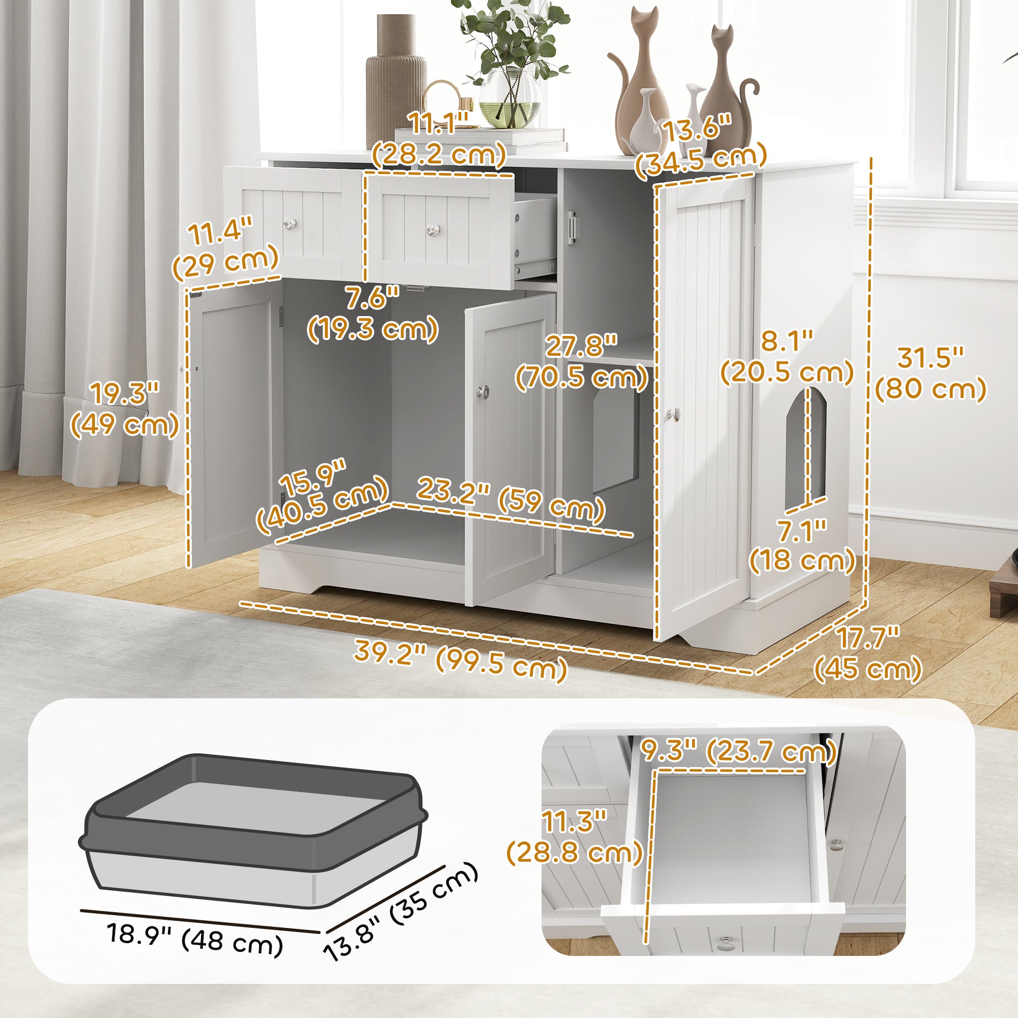 Cat Litter Box Enclosure with Drawer, Storage, Anti-tip Kit, for Living Room, Bedroom, White Cat Litter Box Enclosures at Gallery Canada