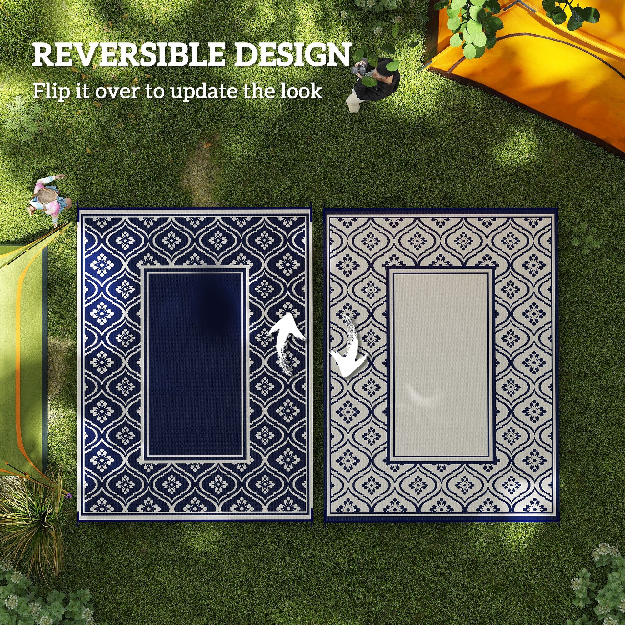 9' x 12' Outdoor RV Rug, Reversible Patio Floor Mat with Carry Bag, Gourd Border, Blue and White Garden Decor at Gallery Canada