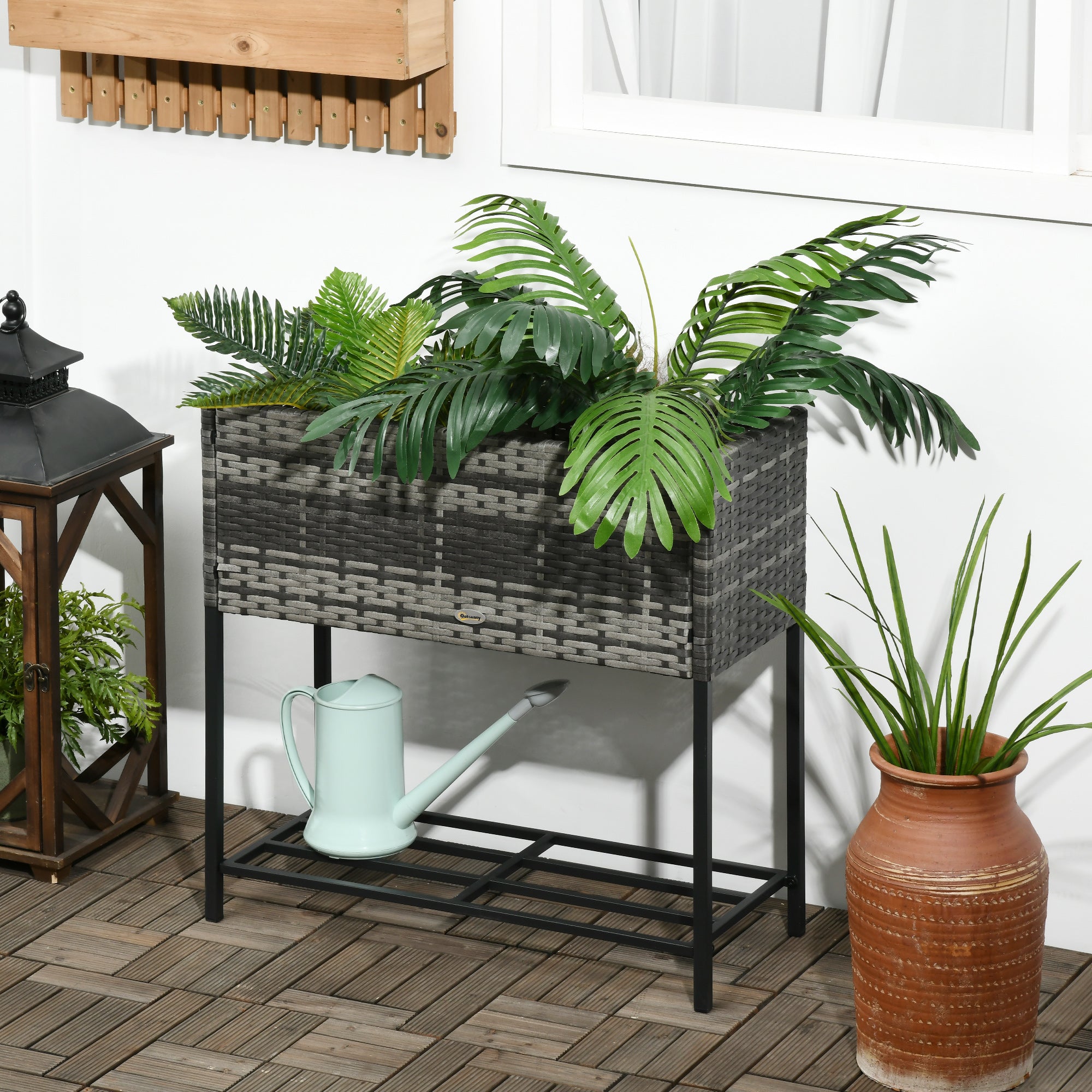 Rattan Raised Garden Boxes, Elevated Flower Beds with Storage Shelf for Herbs, Flowers, Vegetables, Mixed Grey Plant Stands Multi Colour  at Gallery Canada