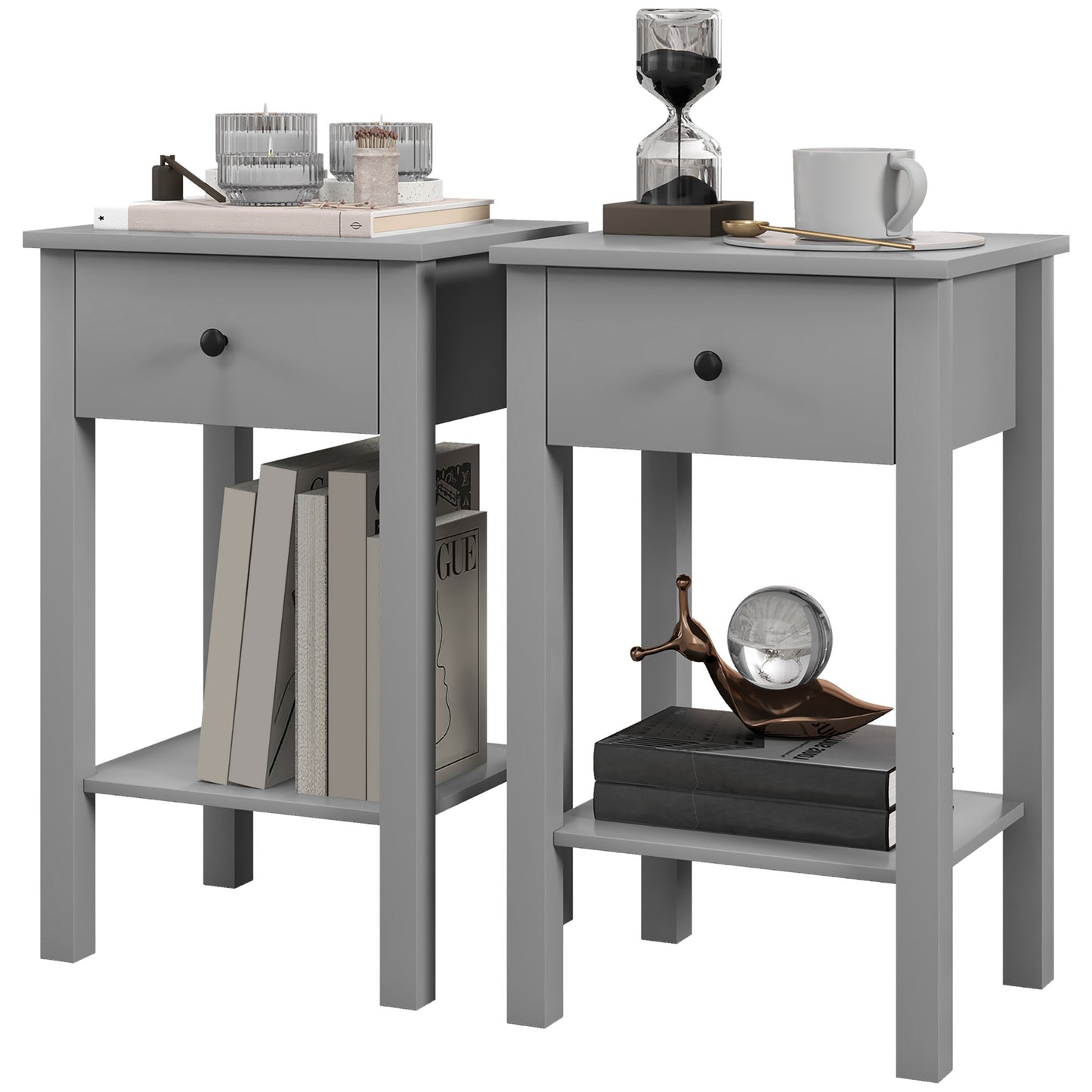 End Tables Set of 2, Side Tables with Drawer and Bottom Shelf, 2-tier Nightstand for Bedroom, Living Room, Grey Side Tables   at Gallery Canada