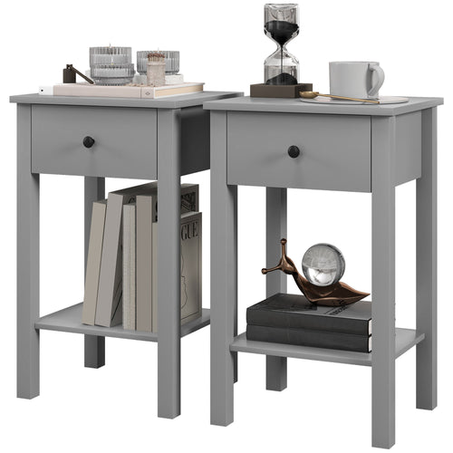 End Tables Set of 2, Side Tables with Drawer and Bottom Shelf, 2-tier Nightstand for Bedroom, Living Room, Grey