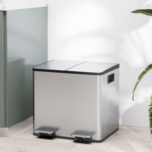 Dual Garbage Bin, Soft-Close Trash Can with Foot Pedal, 2 x 15 Liter Garbage Can with Removable Inner Buckets, Silver Household Supplies at Gallery Canada