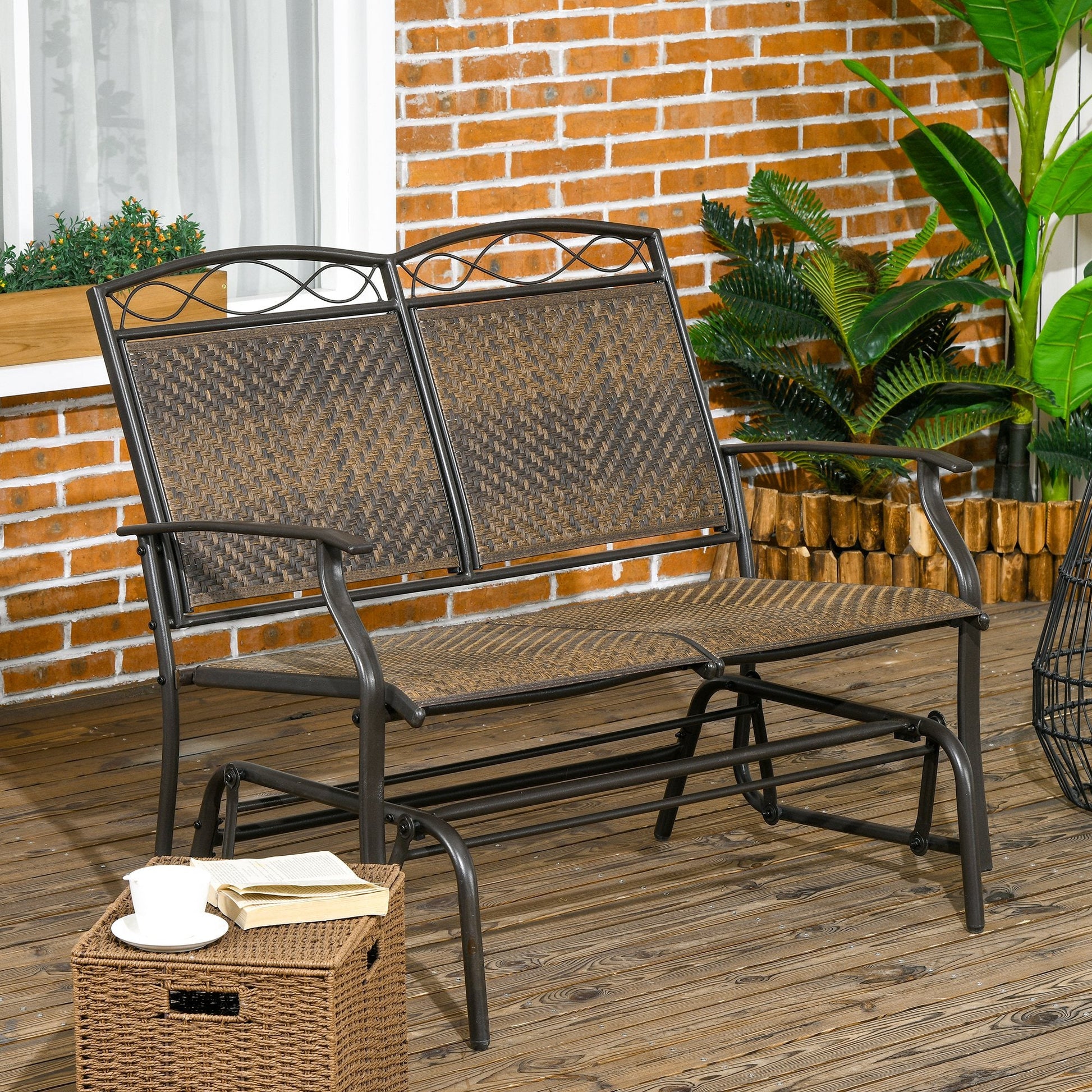 Outdoor Glider Loveseat, Steel Frame Rattan Gliding Chair, Mixed Brown Outdoor Rocking Chairs   at Gallery Canada