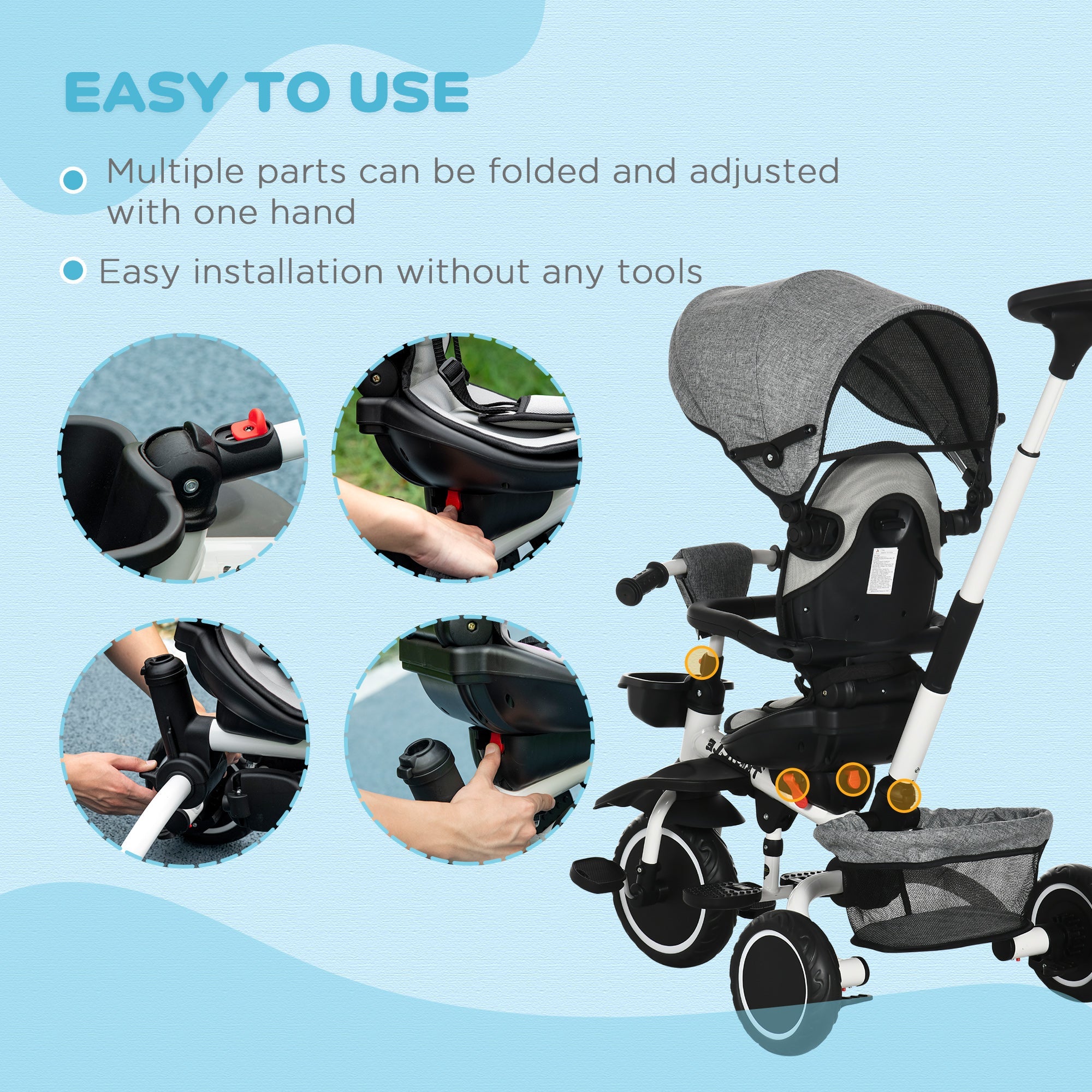 6-in-1 Toddler Tricycle for 12-50 Months, Foldable Kids Trike with Adjustable Seat and Push Handle, Safety Harness, Removable Canopy, Footrest, Grey Tricycles for Kids   at Gallery Canada