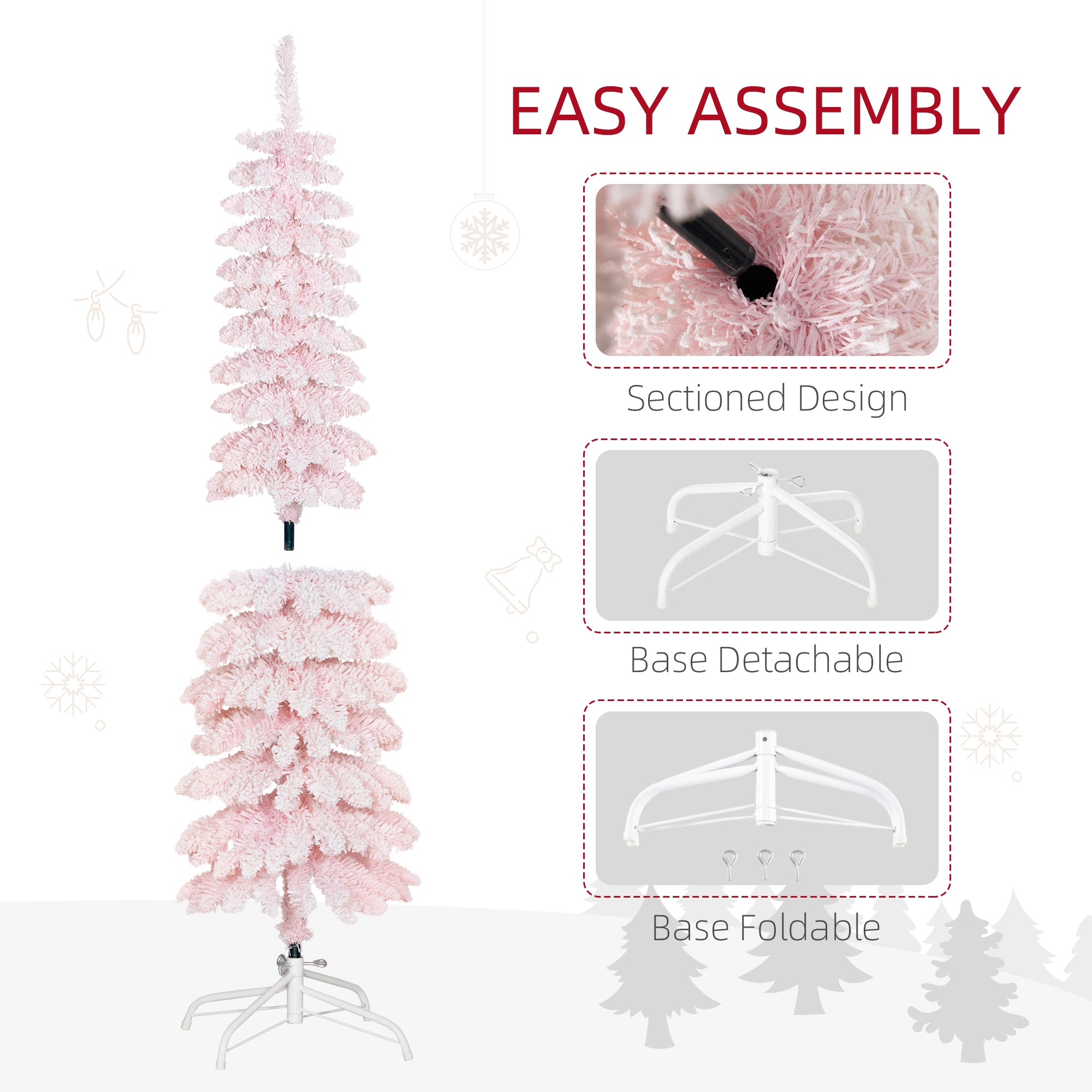 5ft Snow-Flocked Artificial Christmas Tree, Slim Pencil Xmas Tree with 301 Realistic Branches, Metal Base, Pink Pencil Christmas Trees at Gallery Canada