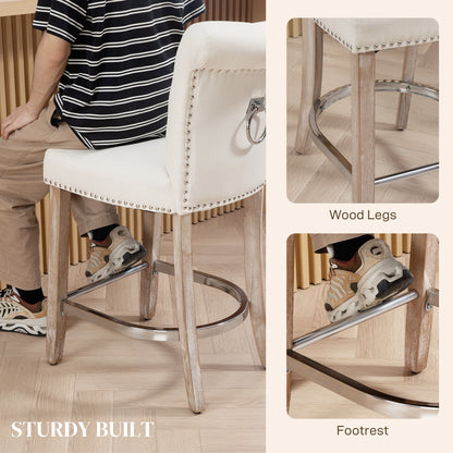 Bar Stools Set of 2, Upholstered Counter Height Stools with Button Tufted Back, Wood Legs and Footrest, Cream White Bar Stools   at Gallery Canada