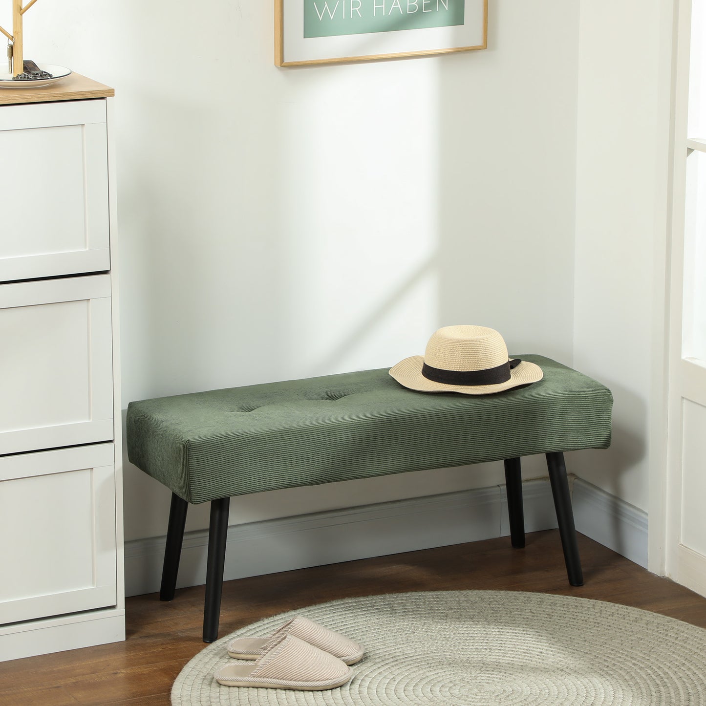 39" Upholstered Ottoman Bench, Corduroy Entryway Bedroom Bench with Padded Seat and Steel Legs for Bedroom, Green Storage Ottomans & Benches Green  at Gallery Canada