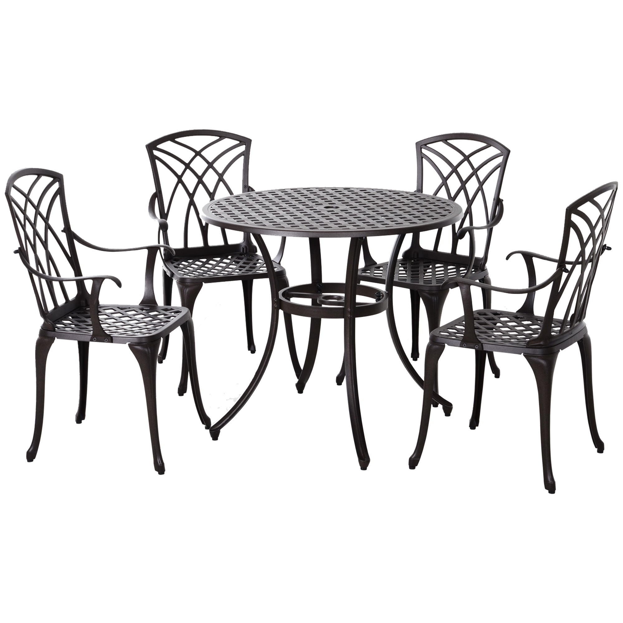 5 Pieces Outdoor Dining Set, Cast Aluminium Patio Table and Chairs with Parasol Hole, Patio Dining Set for 4, Brown Outdoor Dining Sets at Gallery Canada