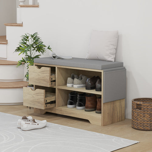 Upholstered Shoe Storage Bench w/ Seat, Entrance Bench w/ Drawer Open Shelves and Pocket for Hallway, Grey