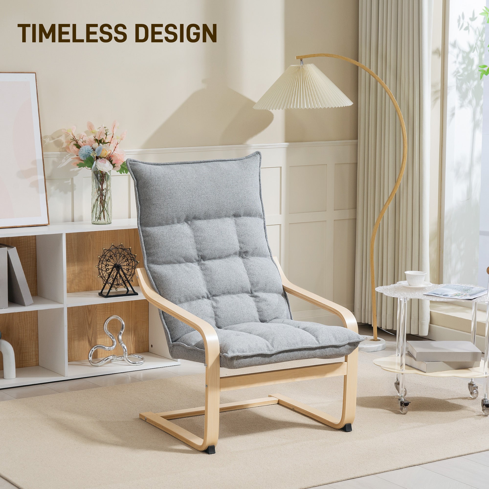 Modern Armchair, Upholstered Accent Chair with Curved Leg and Arm, Leisure Lounge Chair for Living Room, Light Grey Accent Chairs at Gallery Canada