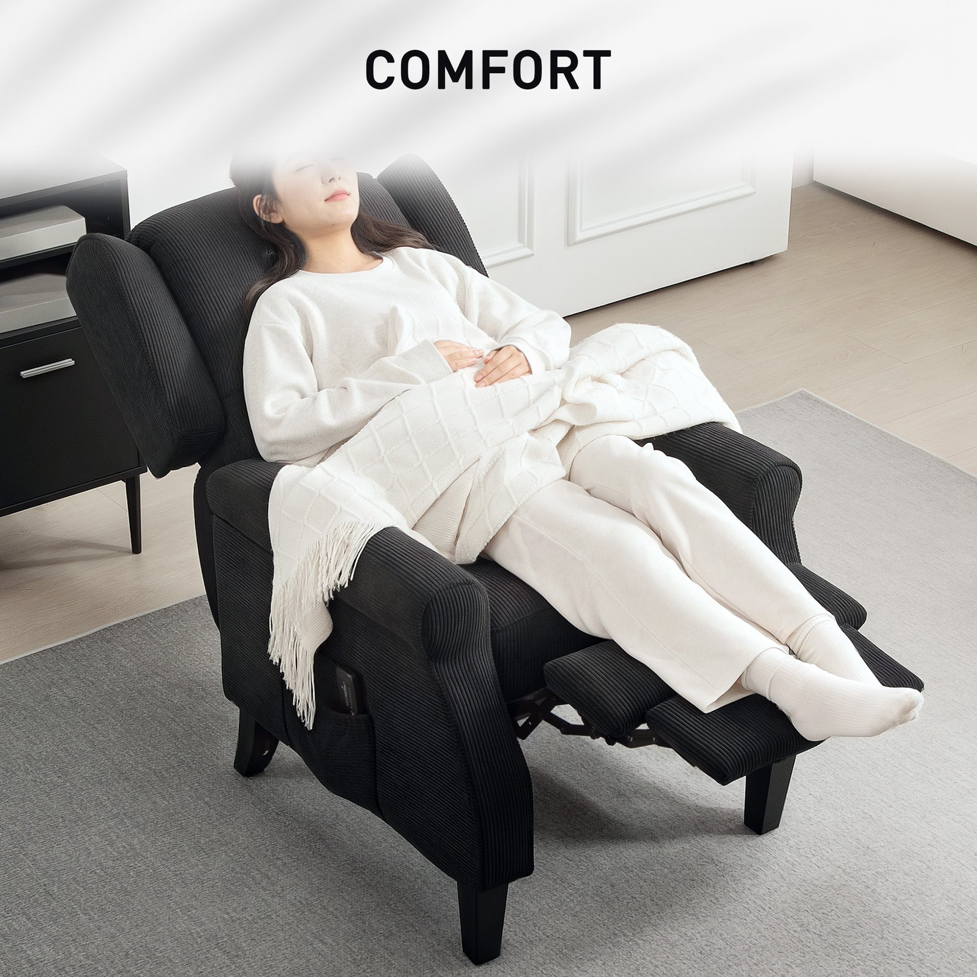 Push Back Recliner Chair, Vibration Massage Recliner for Living Room with Extendable Footrest, Remote, Pocket, Black Sofas & Reclining Chairs at Gallery Canada