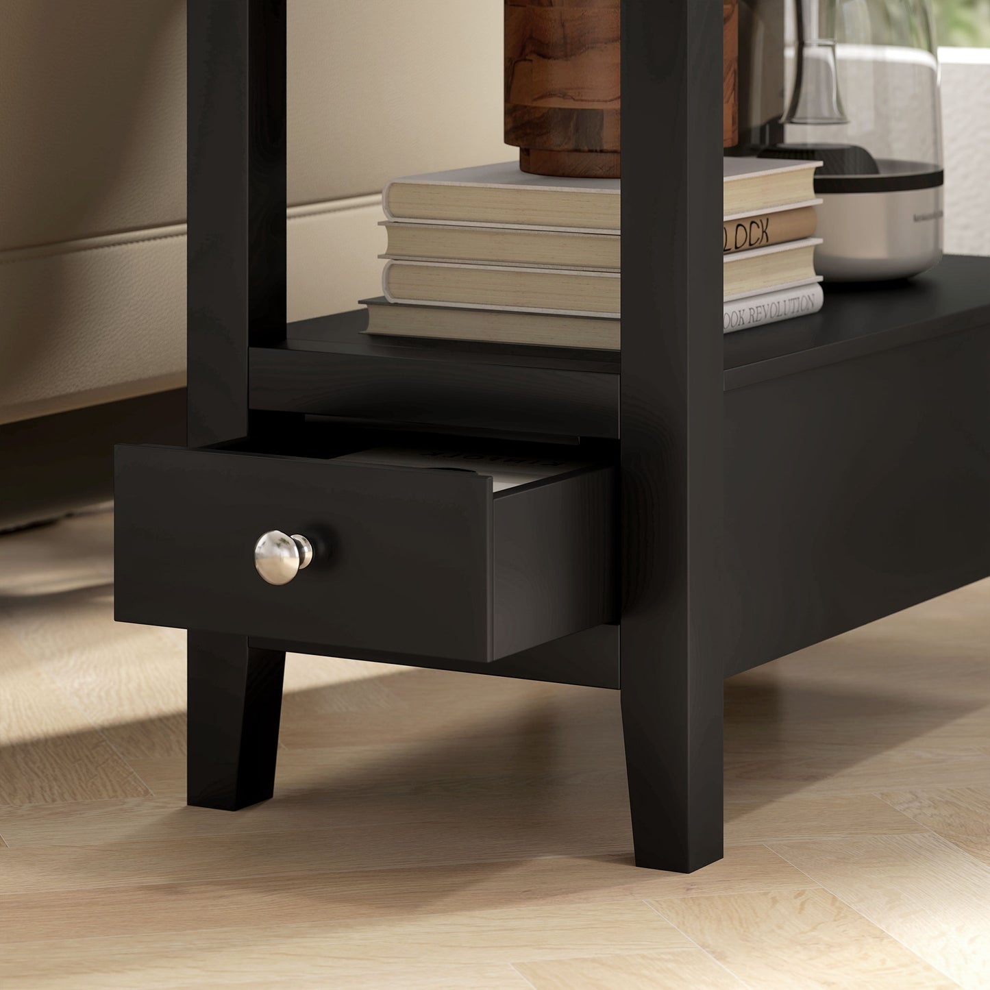 Narrow Side Table with Charging Station, USB Ports, Modern End Table with Storage Shelf, Drawers for Living Room, Black Side Tables   at Gallery Canada