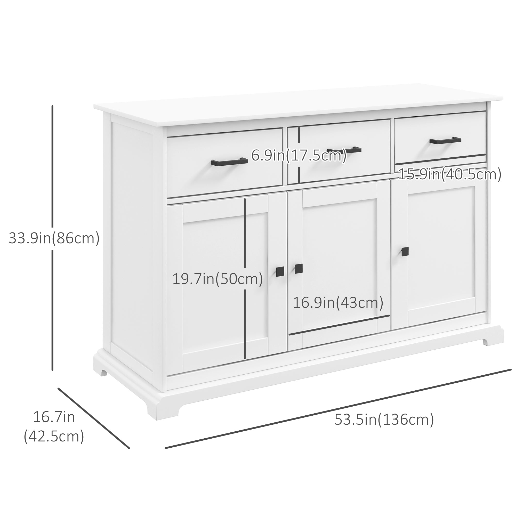 Buffet Cabinet Sideboard with 2 Storage Cabinets, 3 Drawers, Adjustable Shelves for Kitchen Entryway, White Kitchen Pantry Cabinets   at Gallery Canada