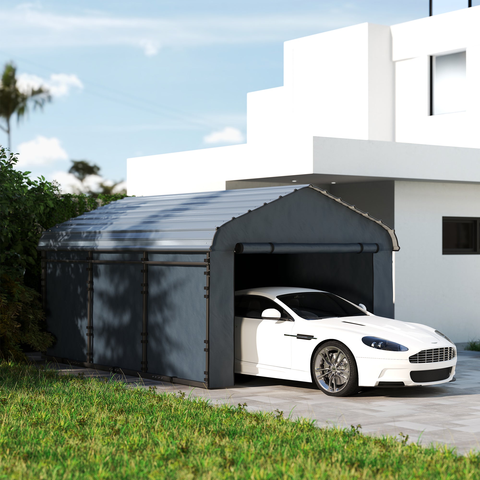 10' x 15' Metal Carport, Heavy Duty Garage Car Shelter with Galvanized Metal Roof and Removable Sidewalls, Dark Grey Car Shelters at Gallery Canada