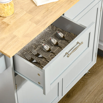 Rolling Kitchen Island with Storage Drawers, Modern Kitchen Cart with Rubber Wood Top, Cabinet &; Towel Rack, Grey Kitchen Islands & Kitchen Carts   at Gallery Canada