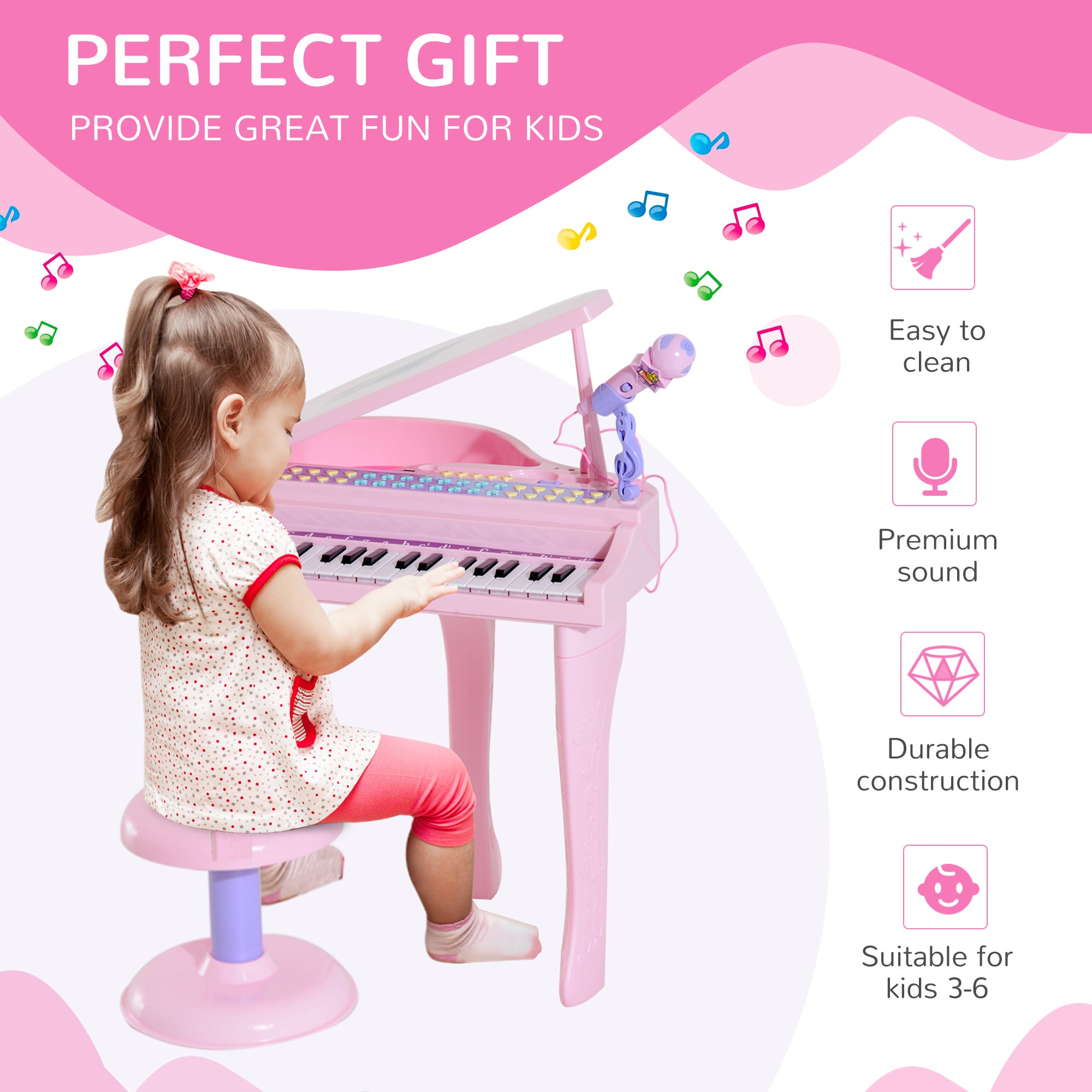 Mini Electronic Musical Piano 37 Key Keyboard Multifunction Kids Toy with Microphone Stool (Pink) Electronic Musical Pianos at Gallery Canada