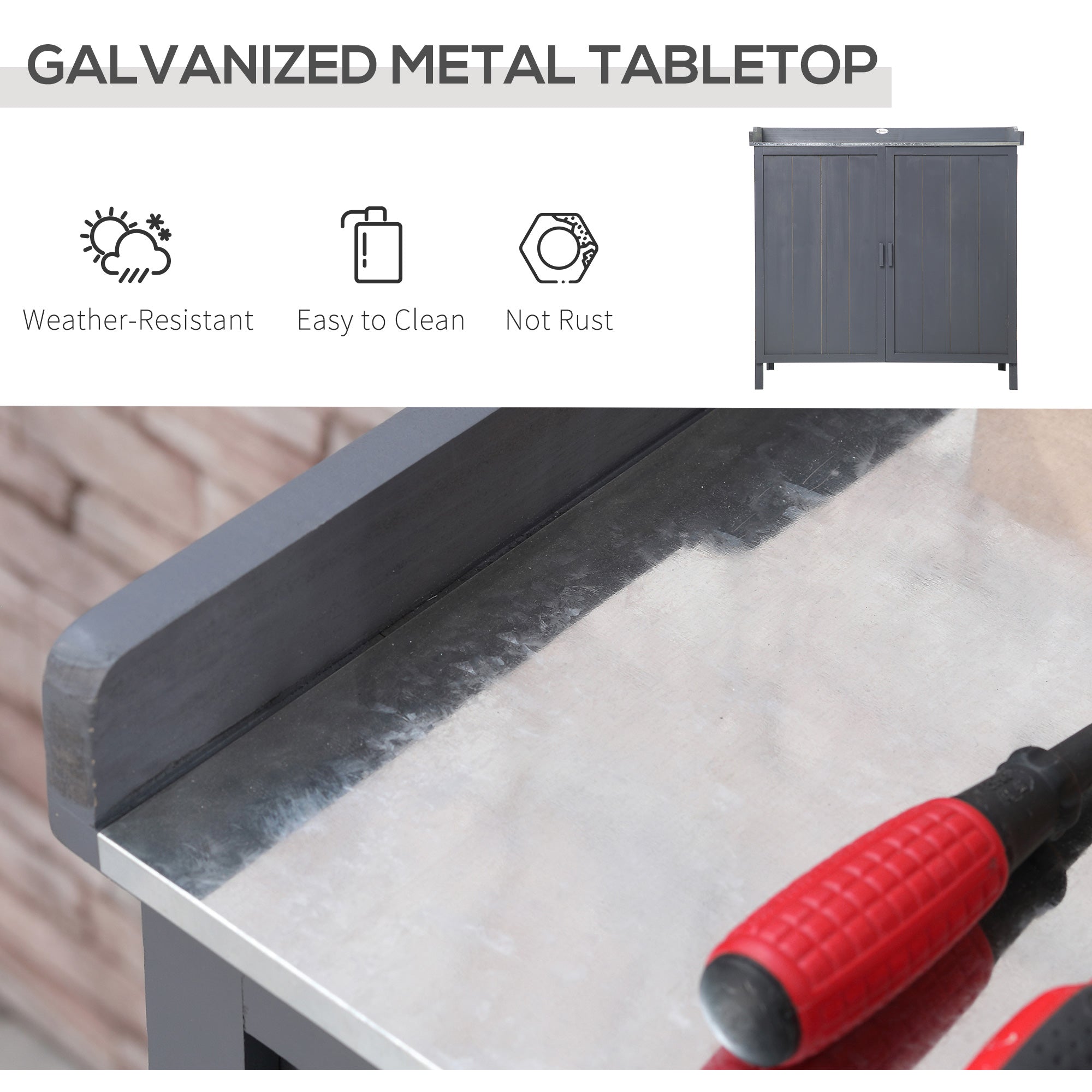 Garden Storage Cabinet, Outdoor Potting Bench Table with Galvanized Top and Shelf, Tool Shed with Double Doors, Grey Sheds at Gallery Canada
