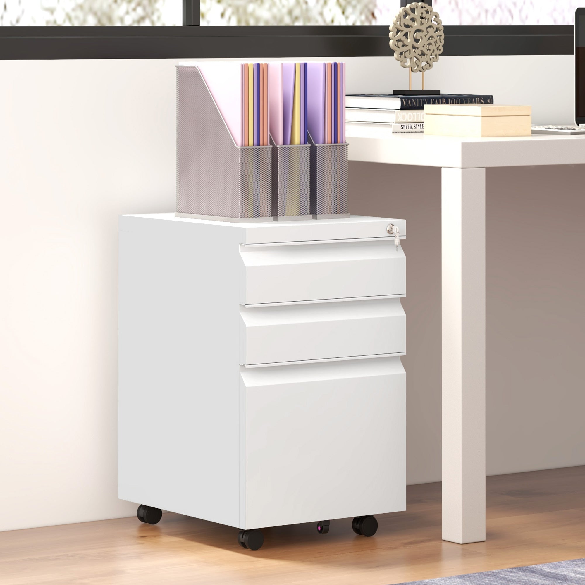 3 Drawer Vertical File Cabinet with Lock, Steel Filing Cabinet with Wheels and Hanging Bar for A4 Legal and Letter Size Files, Printer Stand with Pre-Assembled Body, White Office Cabinets & Cupboards at Gallery Canada