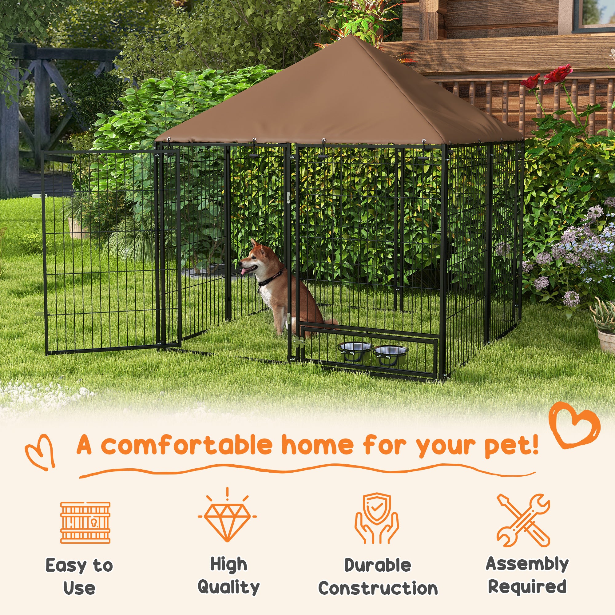 4.6' x 4.6' x 5' Outdoor Dog Kennel with Canopy, Rotating Bowls, Coffee Houses, Kennels & Pens at Gallery Canada
