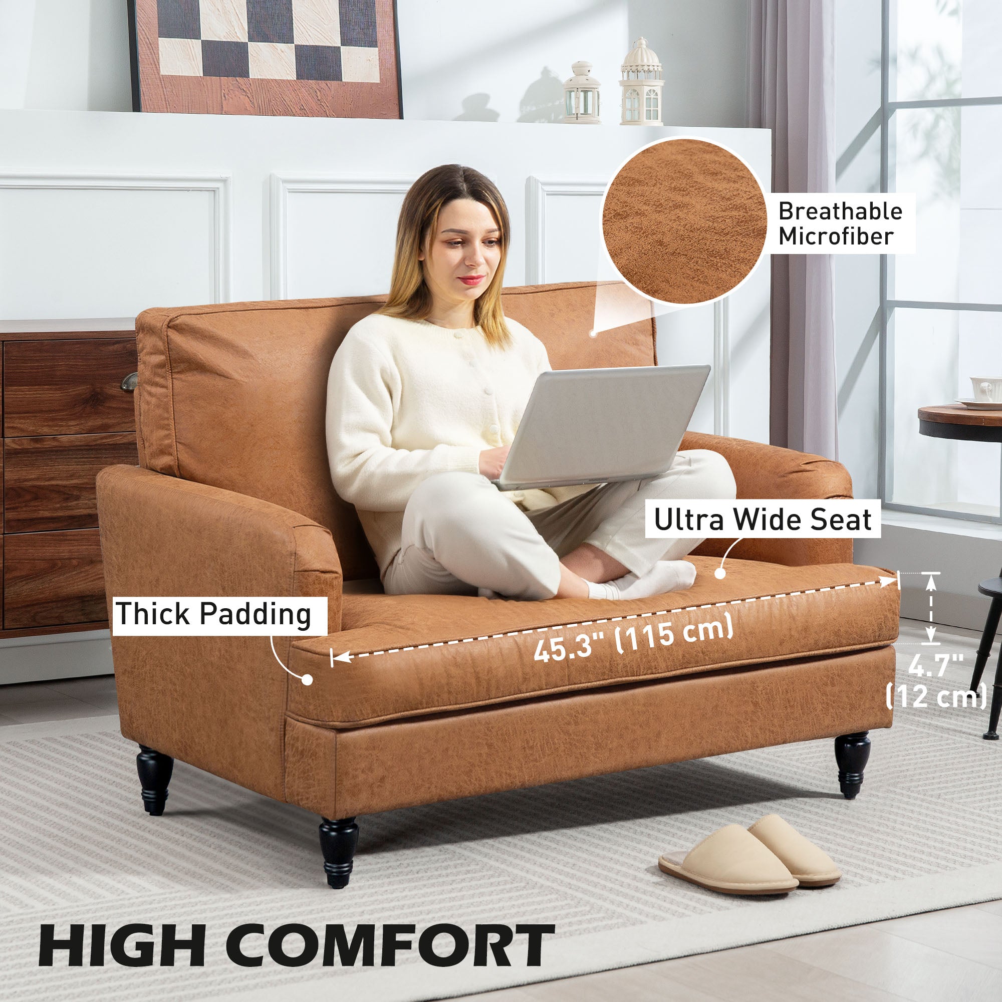 Modern Accent Chair, Microfiber Cloth Armchair with Turned Legs and Wide Seat, Comfy Chair for Living Room, Brown Accent Chairs at Gallery Canada