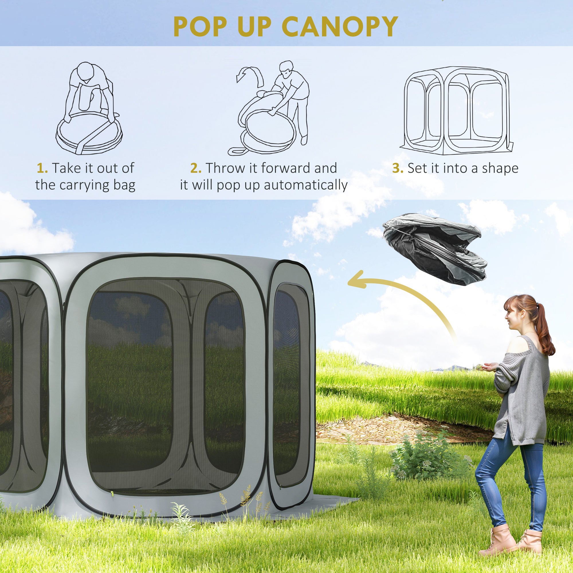 11 x 11ft Pop Up Screen Tent, UPF50+ Portable Camping Gazebo Screen House with Carry Bag, Light Grey Camping Tents at Gallery Canada