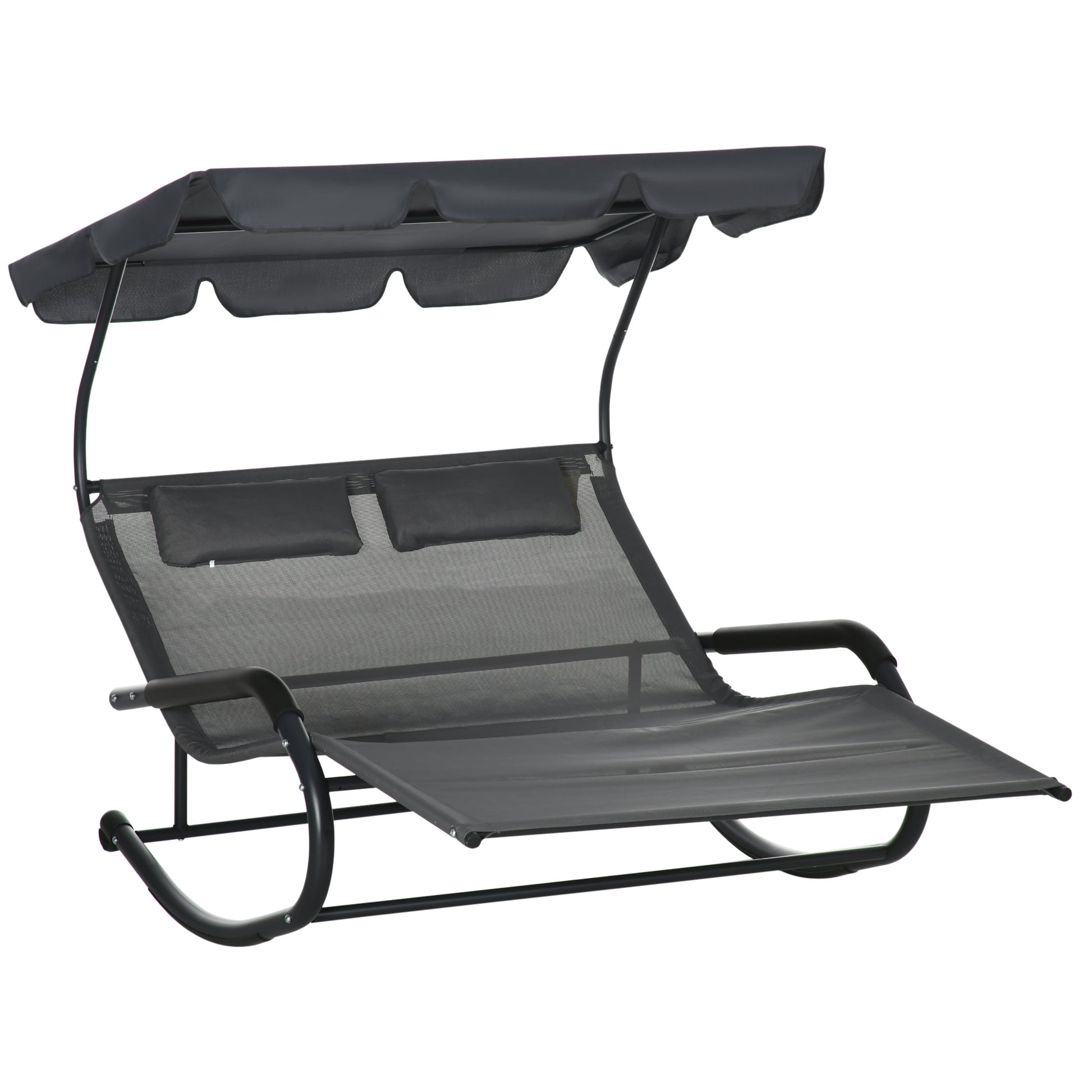 Adjustable Canopy Outdoor Chaise Lounger for Two with Wheels and Pillows, Dark Gray Daybeds   at Gallery Canada