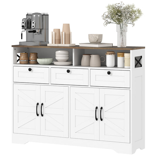 Sideboard, Buffet Cabinet with 4 Barn Doors and 3 Drawers, Coffee Bar Cabinet with Adjustable Shelves, White Storage Cabinets at Gallery Canada