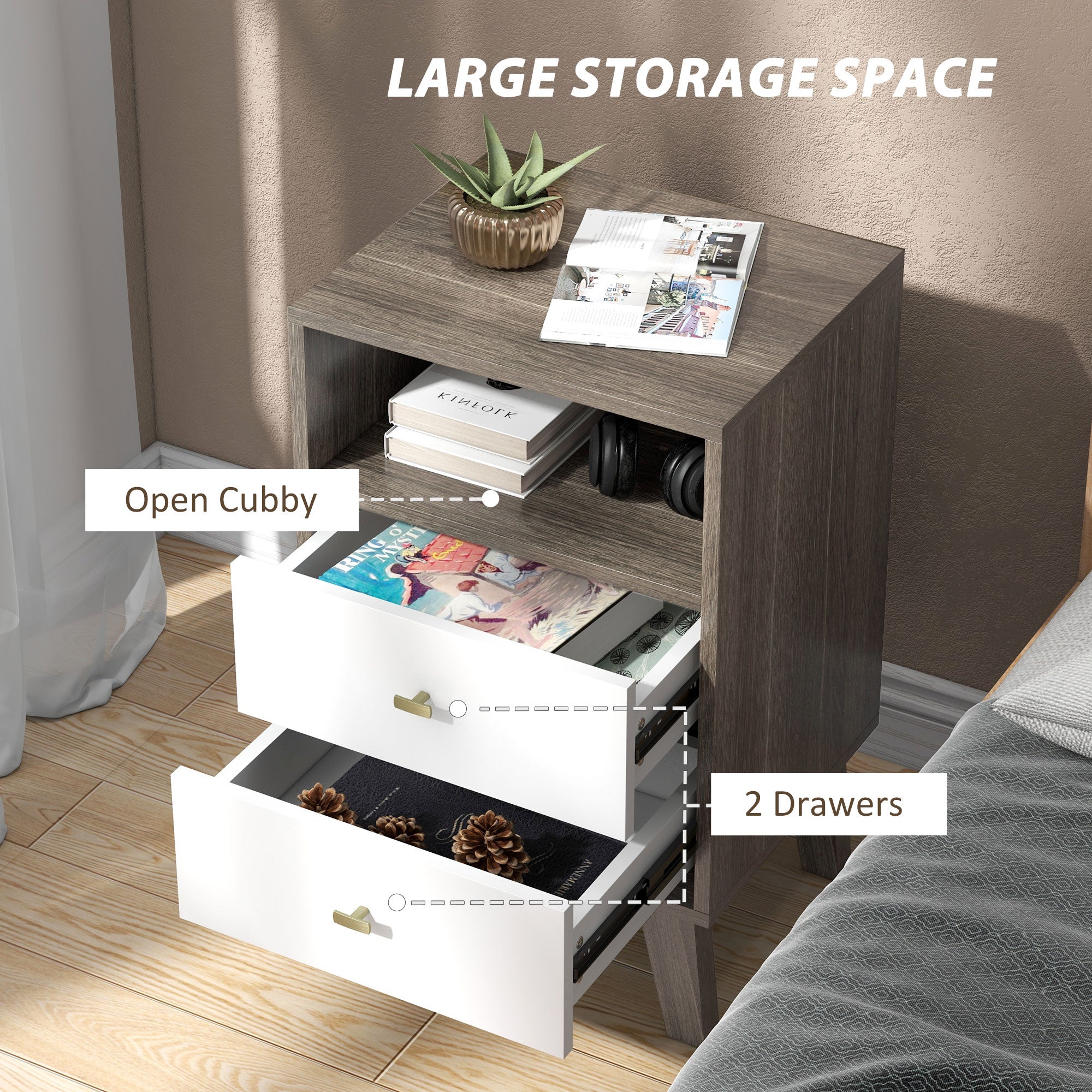 Nightstand Set of 2, Modern Bedside Table, Night Stand for Living Room with 3 Drawers and Open Storage, Grey Bedside Tables at Gallery Canada