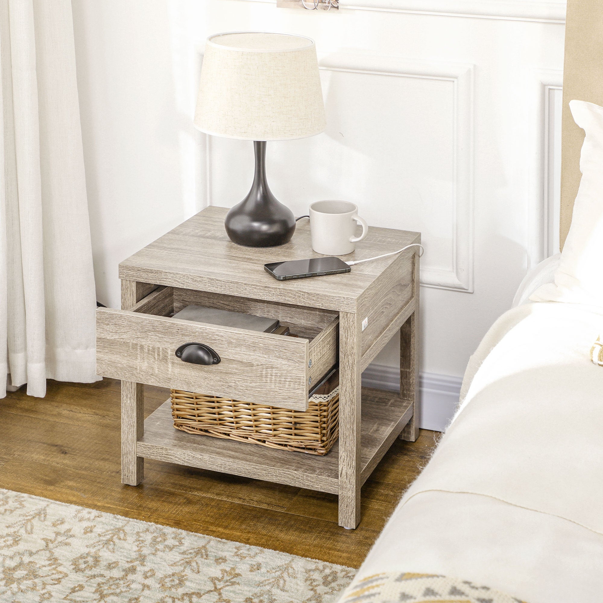 Bedside Table, Side End Table with Charging Station, Drawer and Shelf for Bedroom, 17.7