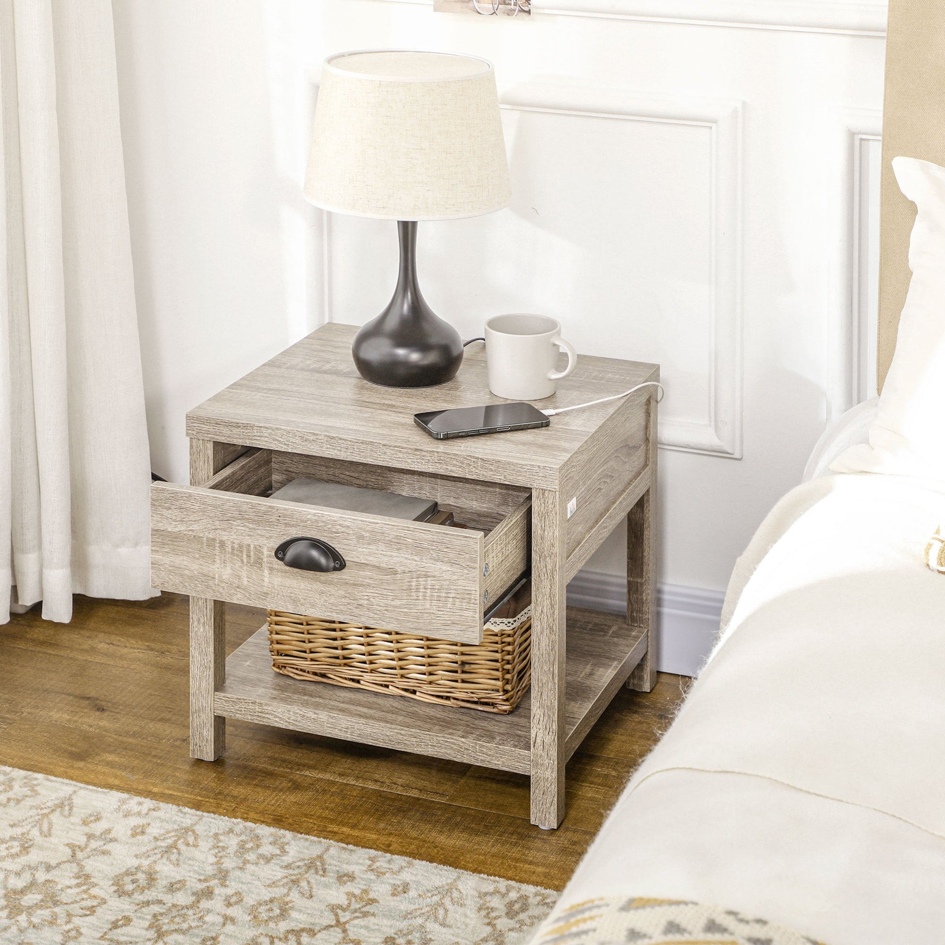 Bedside Table, Side End Table with Charging Station, Drawer and Shelf for Bedroom, 17.7" x 15.7" x 18.1", Oak Tone Bedside Tables   at Gallery Canada