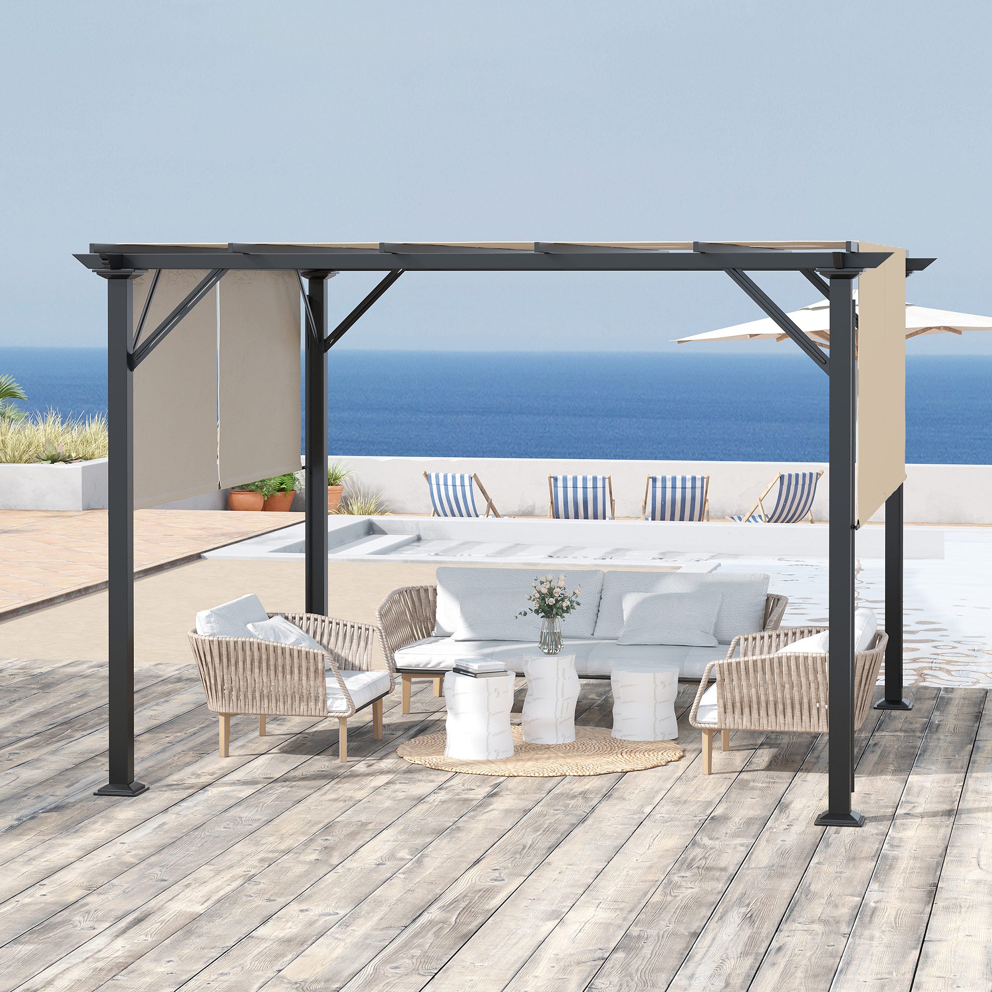 12' x 10' Outdoor Patio Gazebo Pergola with Retractable Canopy Roof, Steel Frame with Stakes, Unique Design, Beige Pergolas at Gallery Canada