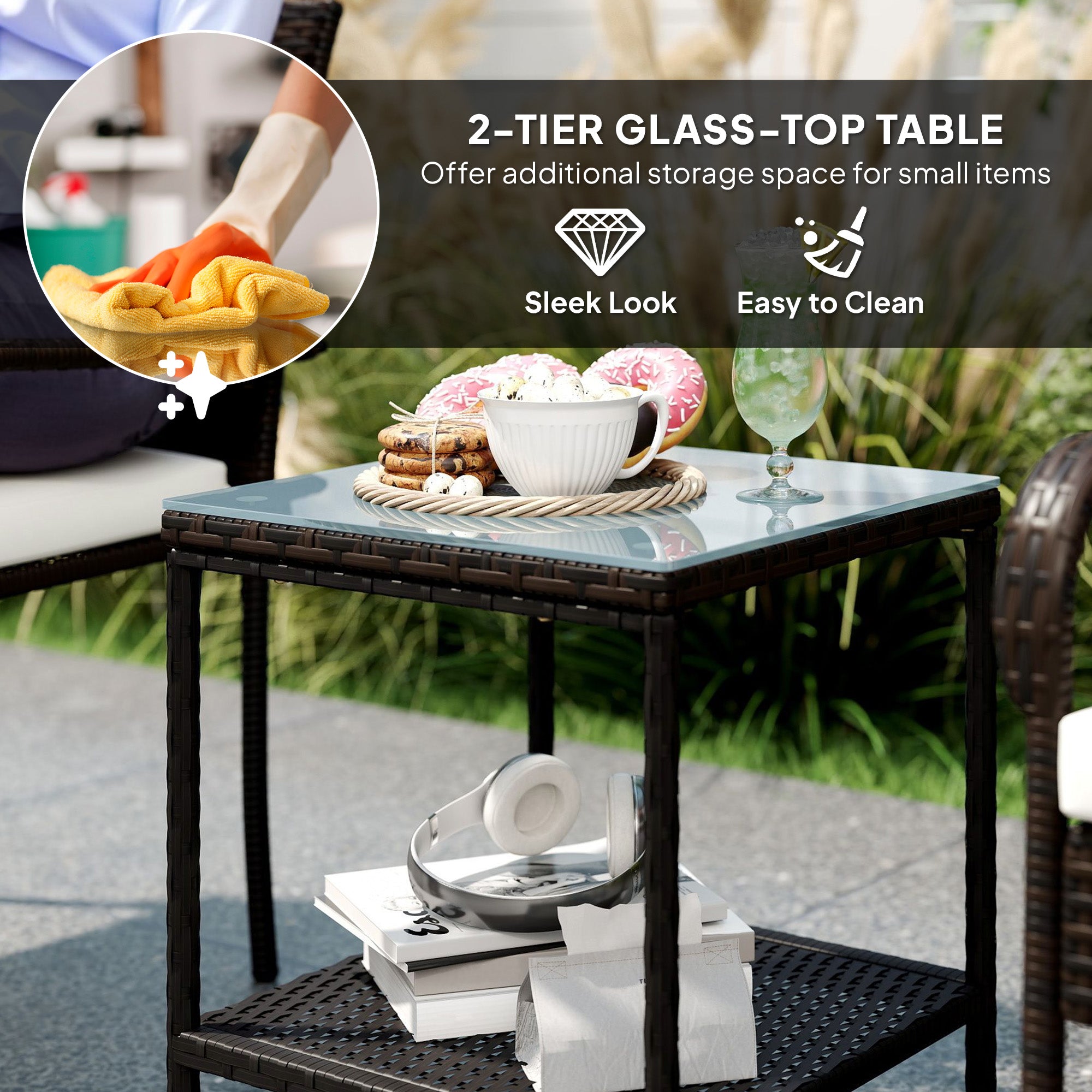 3 Piece Wicker Patio Furniture Set with Stackable Chairs, Washable Cushion, Tempered Glass Top, for Backyard, Brown Bistro Sets at Gallery Canada