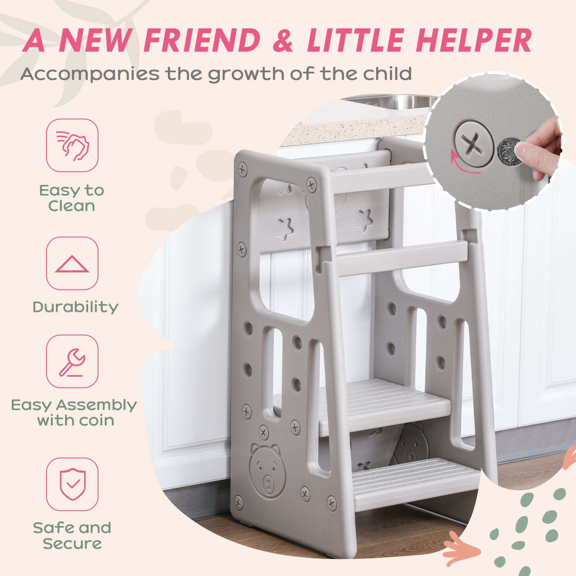 Toddler Kitchen Helper 2 Step Stool with Adjustable Height Platform and Safety Rail, Grey Toddler & Kids Step Stools   at Gallery Canada